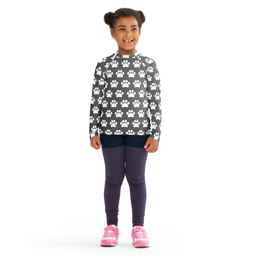 Kids Gray Paw Print Long Sleeve Rash Guard Swim Shirt – Buttery Soft, Sun Safe UPF 50+ Protection, Quick Dry & 4-Way Stretch Comfort
