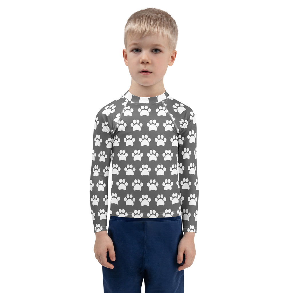 Kids Gray Paw Print Long Sleeve Rash Guard Swim Shirt – Buttery Soft, Sun Safe UPF 50+ Protection, Quick Dry & 4-Way Stretch Comfort