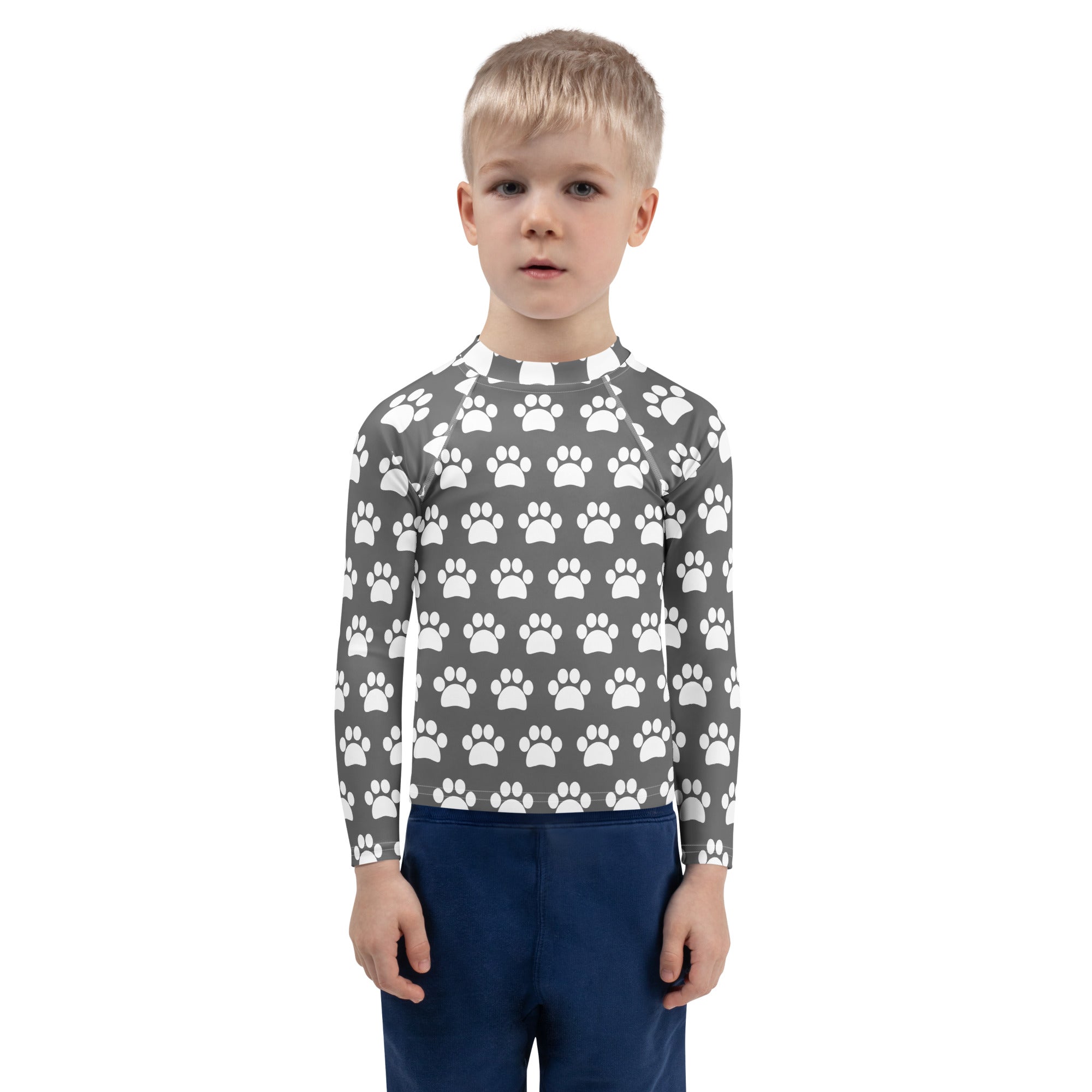 Kids Gray Paw Print Long Sleeve Rash Guard Swim Shirt – Buttery Soft, Sun Safe UPF 50+ Protection, Quick Dry & 4-Way Stretch Comfort
