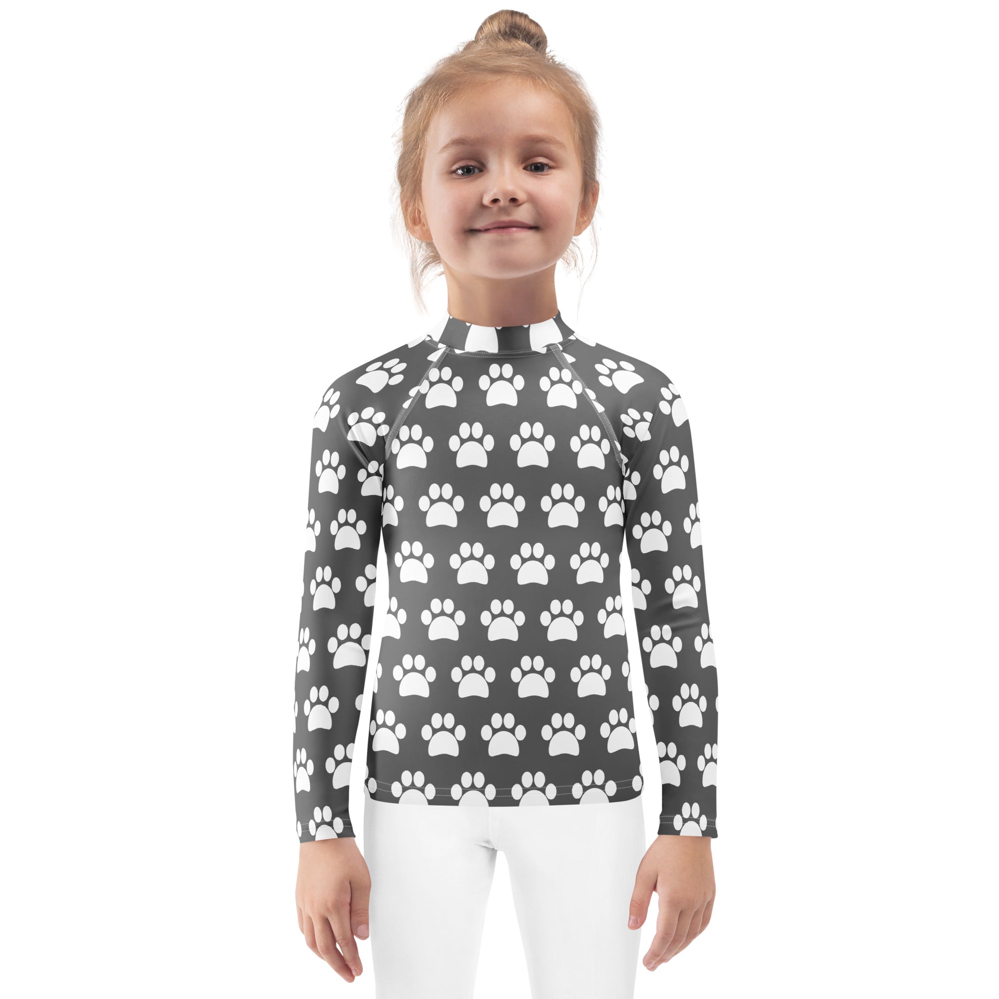 Kids Gray Paw Print Long Sleeve Rash Guard Swim Shirt – Buttery Soft, Sun Safe UPF 50+ Protection, Quick Dry & 4-Way Stretch Comfort