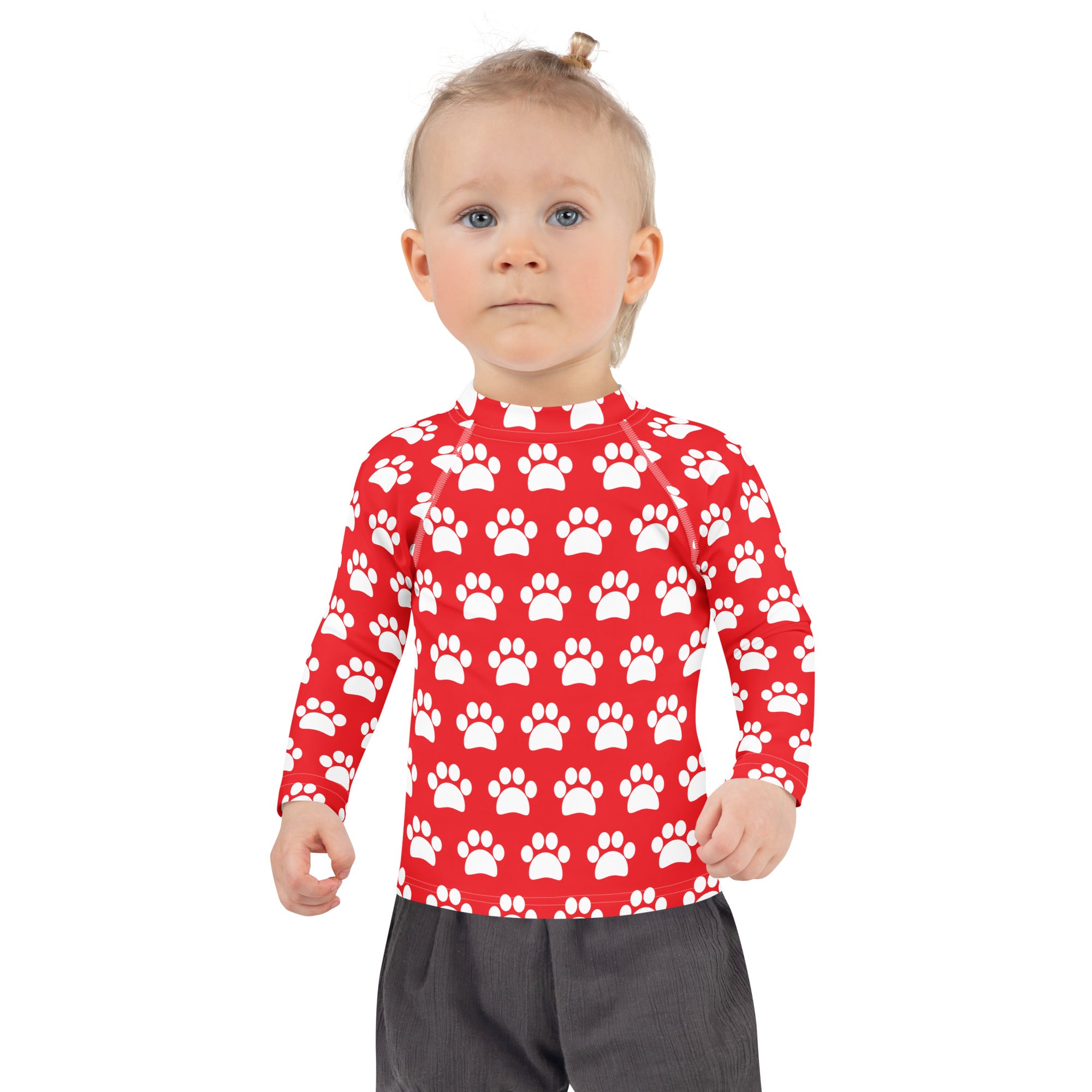 Kids Red Paw Print Long Sleeve Rash Guard Swim Shirt – Buttery Soft, Sun Safe UPF 50+ Protection, Quick Dry & 4-Way Stretch Comfort