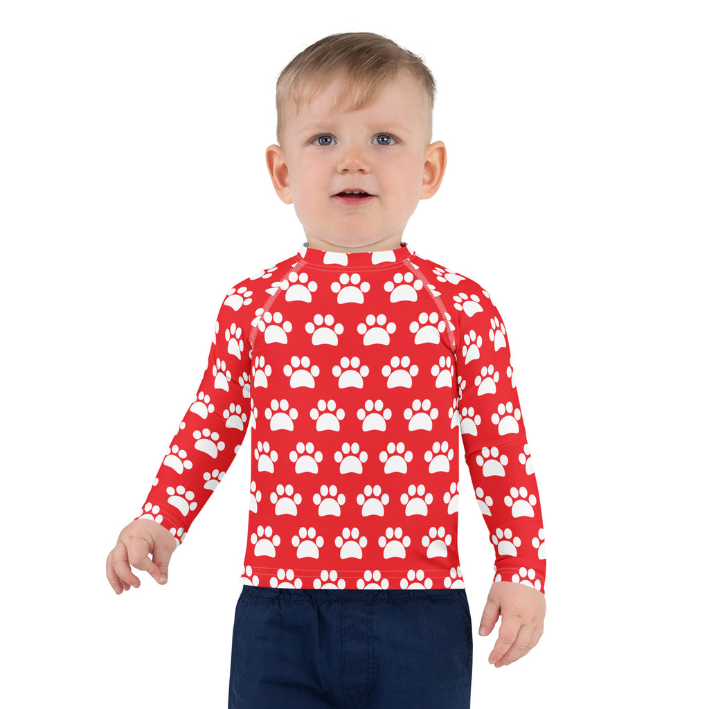 Kids Red Paw Print Long Sleeve Rash Guard Swim Shirt – Buttery Soft, Sun Safe UPF 50+ Protection, Quick Dry & 4-Way Stretch Comfort