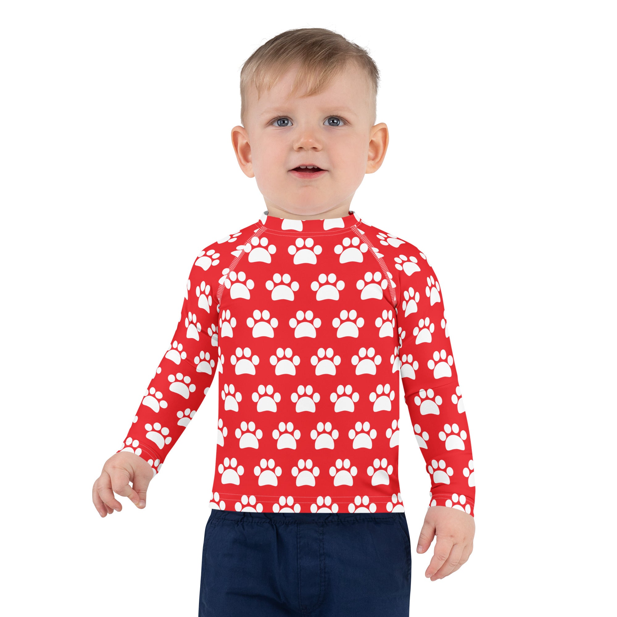 Kids Red Paw Print Long Sleeve Rash Guard Swim Shirt – Buttery Soft, Sun Safe UPF 50+ Protection, Quick Dry & 4-Way Stretch Comfort