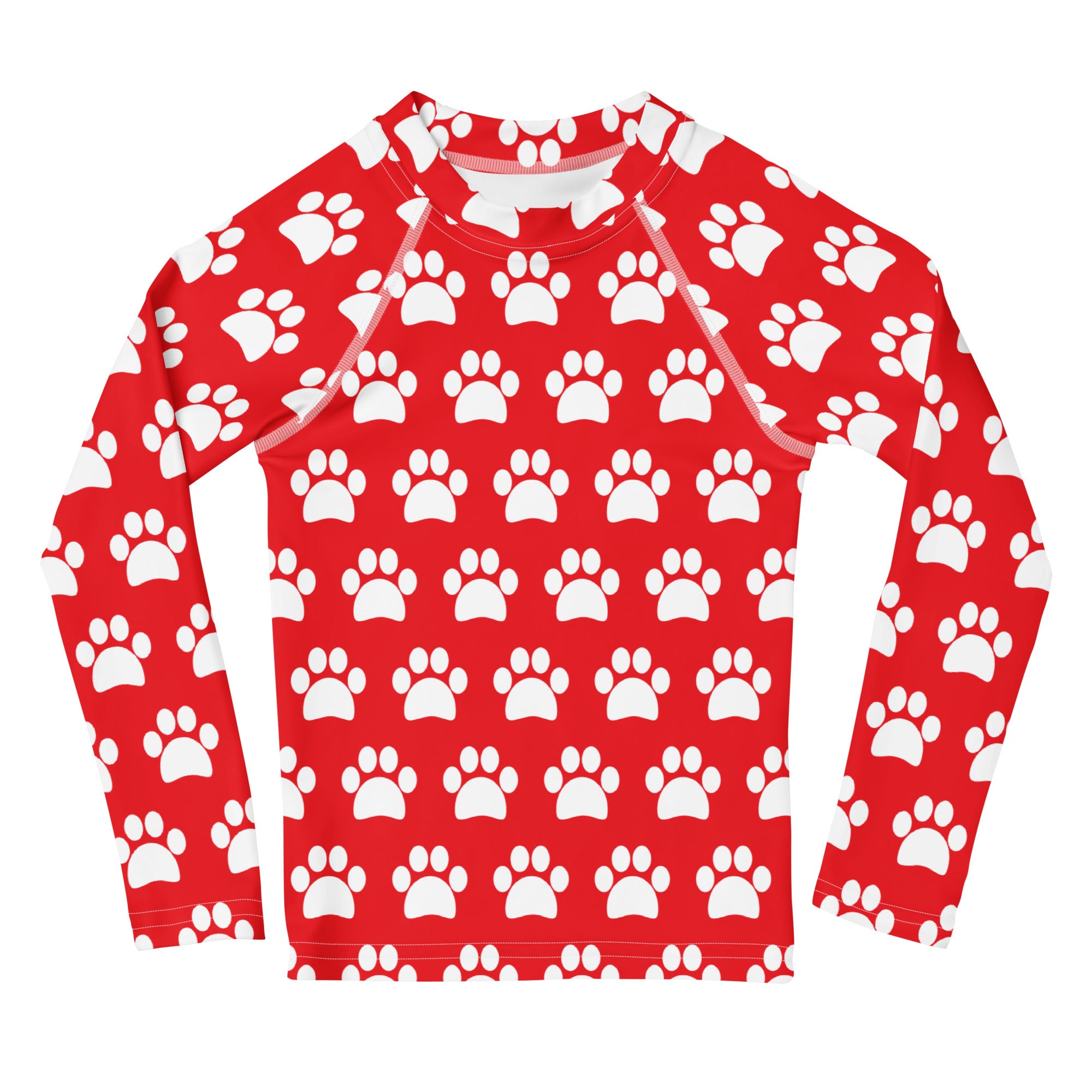 Kids Red Paw Print Long Sleeve Rash Guard Swim Shirt – Buttery Soft, Sun Safe UPF 50+ Protection, Quick Dry & 4-Way Stretch Comfort