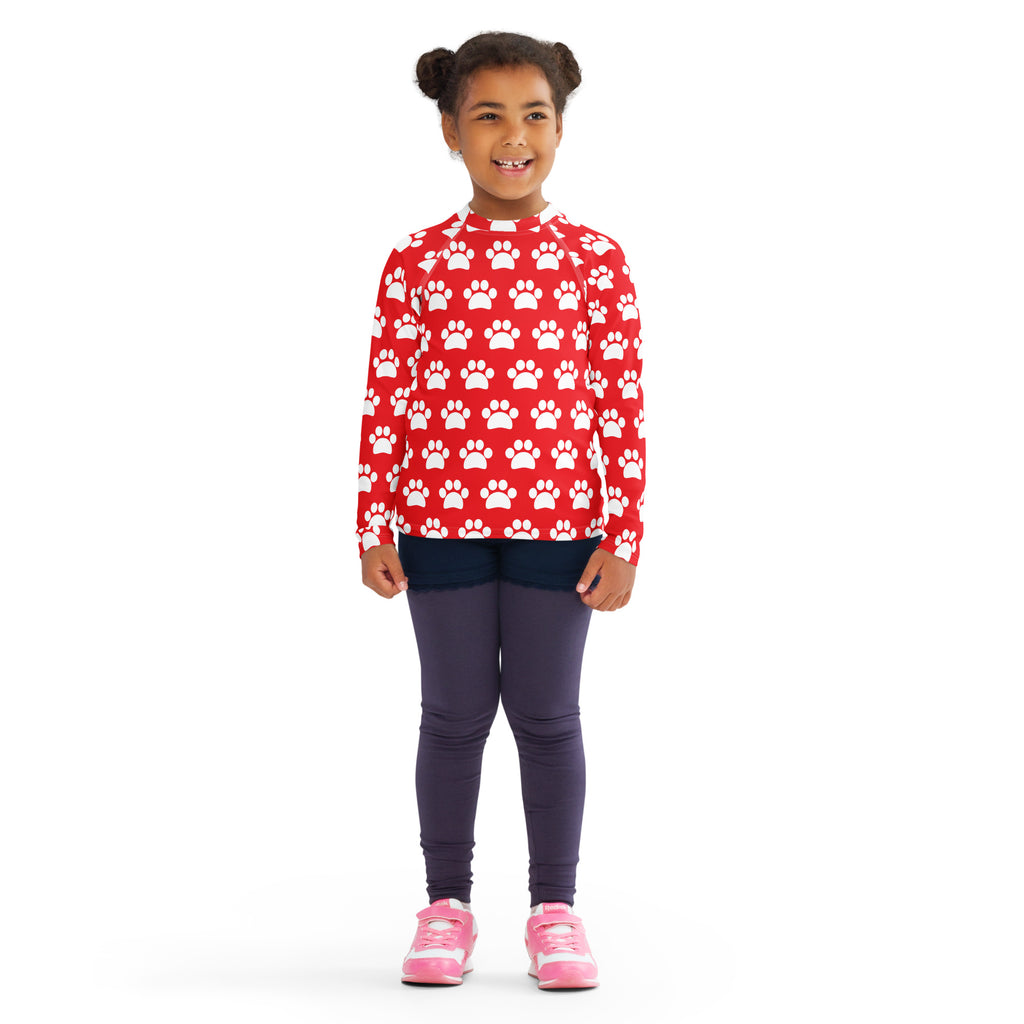 Kids Red Paw Print Long Sleeve Rash Guard Swim Shirt – Buttery Soft, Sun Safe UPF 50+ Protection, Quick Dry & 4-Way Stretch Comfort