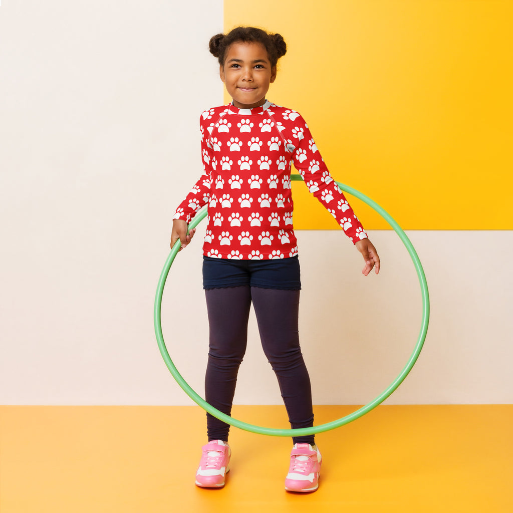 Kids Red Paw Print Long Sleeve Rash Guard Swim Shirt – Buttery Soft, Sun Safe UPF 50+ Protection, Quick Dry & 4-Way Stretch Comfort