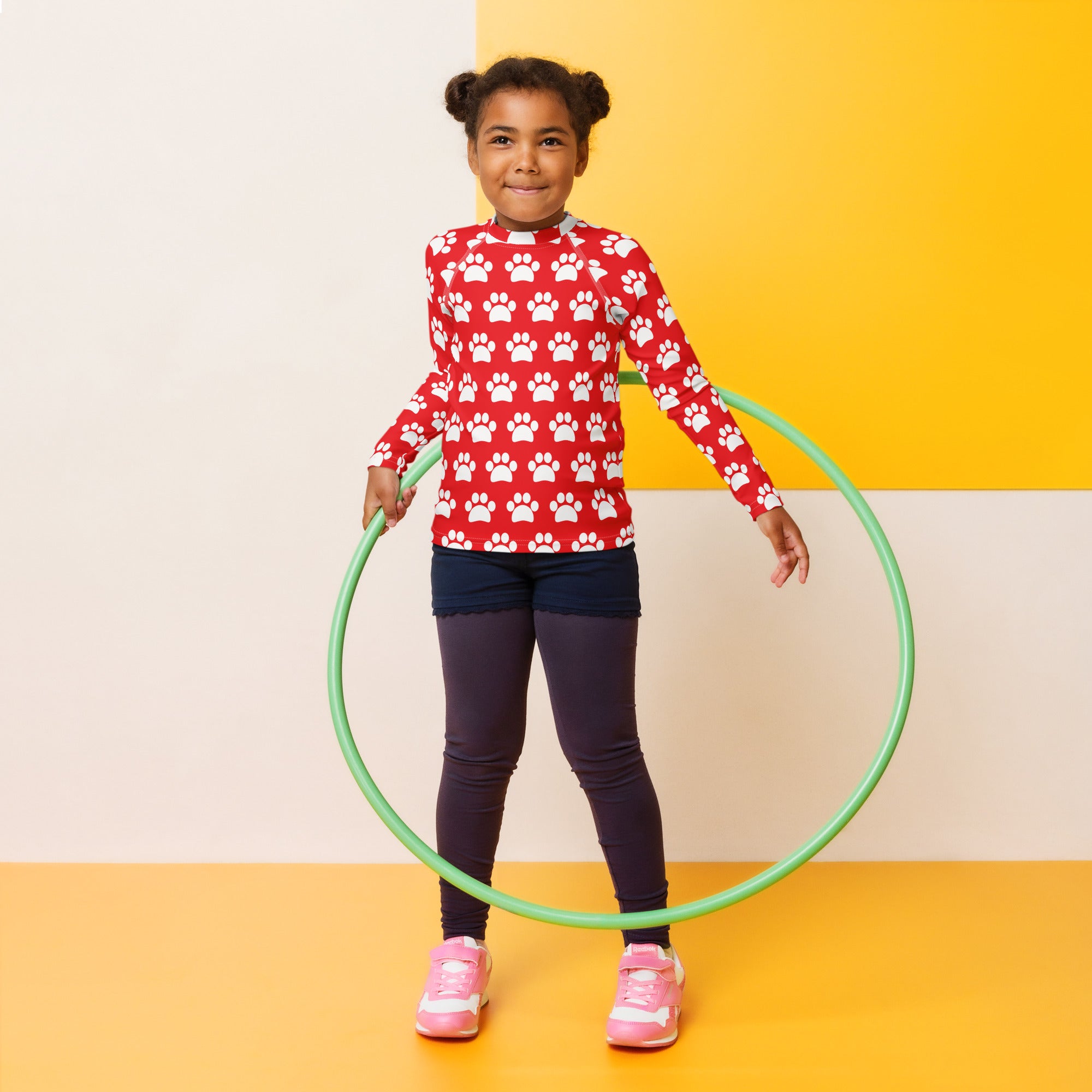 Kids Red Paw Print Long Sleeve Rash Guard Swim Shirt – Buttery Soft, Sun Safe UPF 50+ Protection, Quick Dry & 4-Way Stretch Comfort
