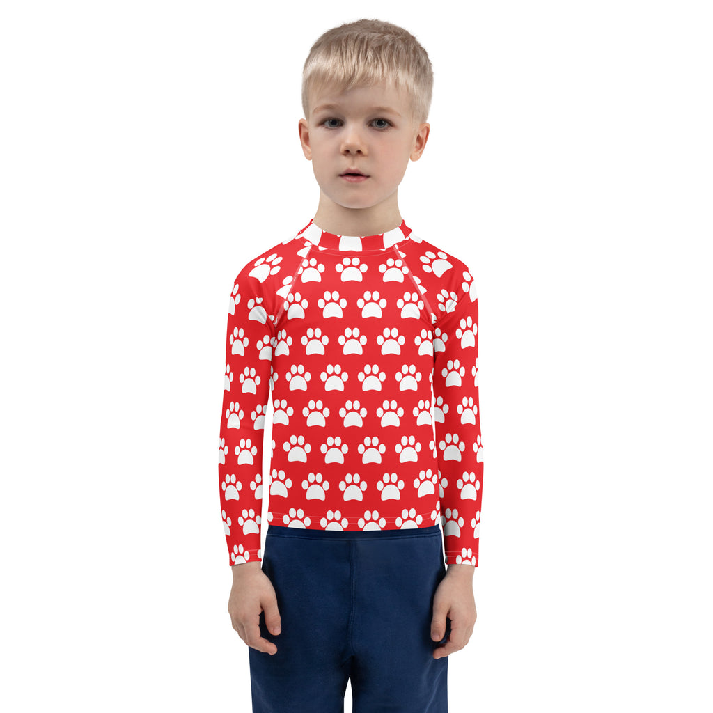 Kids Red Paw Print Long Sleeve Rash Guard Swim Shirt – Buttery Soft, Sun Safe UPF 50+ Protection, Quick Dry & 4-Way Stretch Comfort