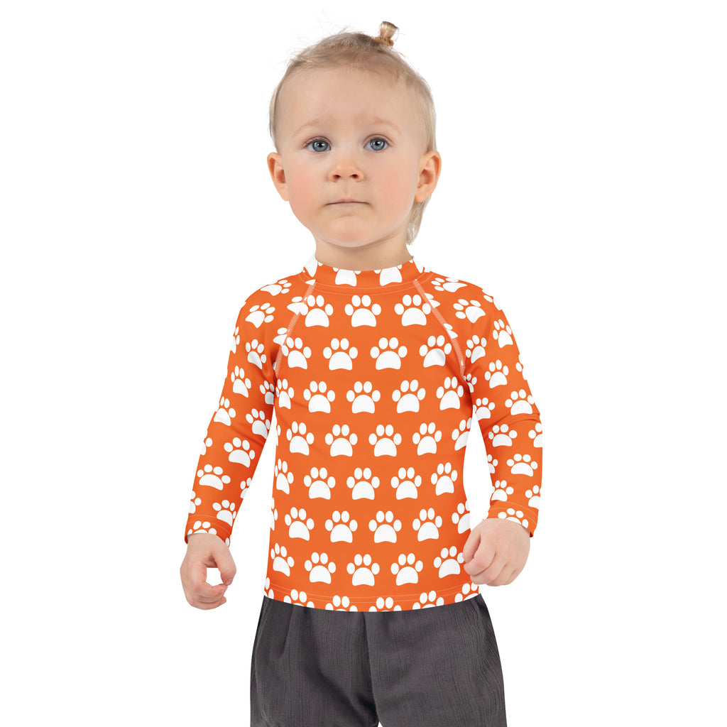 Kids Orange Paw Print Long Sleeve Rash Guard Swim Shirt – Buttery Soft, Sun Safe UPF 50+ Protection, Quick Dry & 4-Way Stretch Comfort