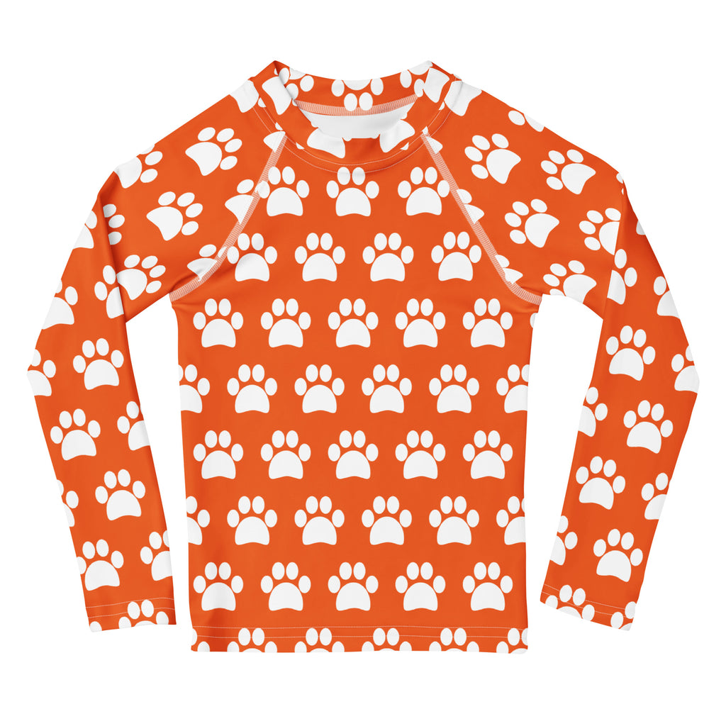 Kids Orange Paw Print Long Sleeve Rash Guard Swim Shirt – Buttery Soft, Sun Safe UPF 50+ Protection, Quick Dry & 4-Way Stretch Comfort