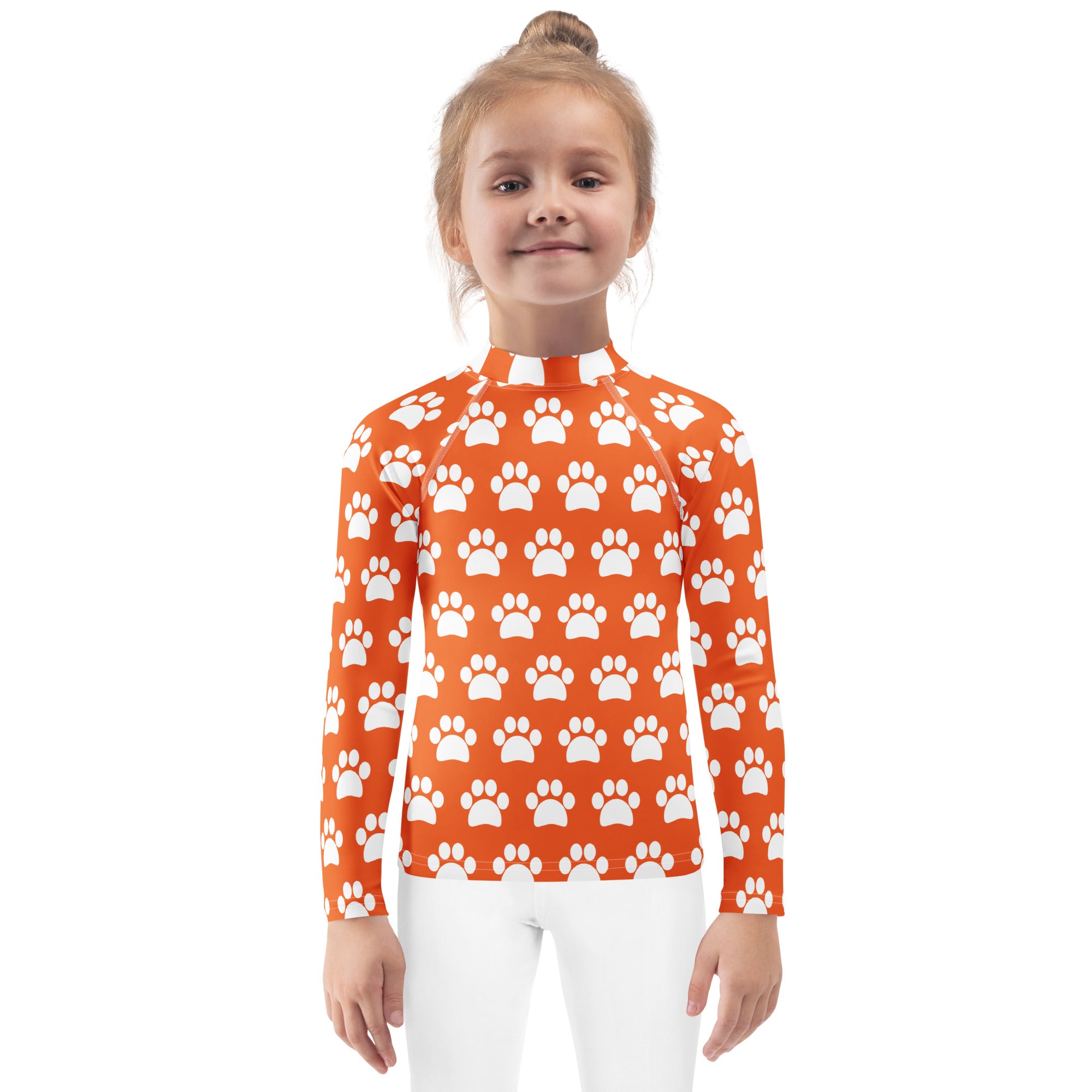 Kids Orange Paw Print Long Sleeve Rash Guard Swim Shirt – Buttery Soft, Sun Safe UPF 50+ Protection, Quick Dry & 4-Way Stretch Comfort