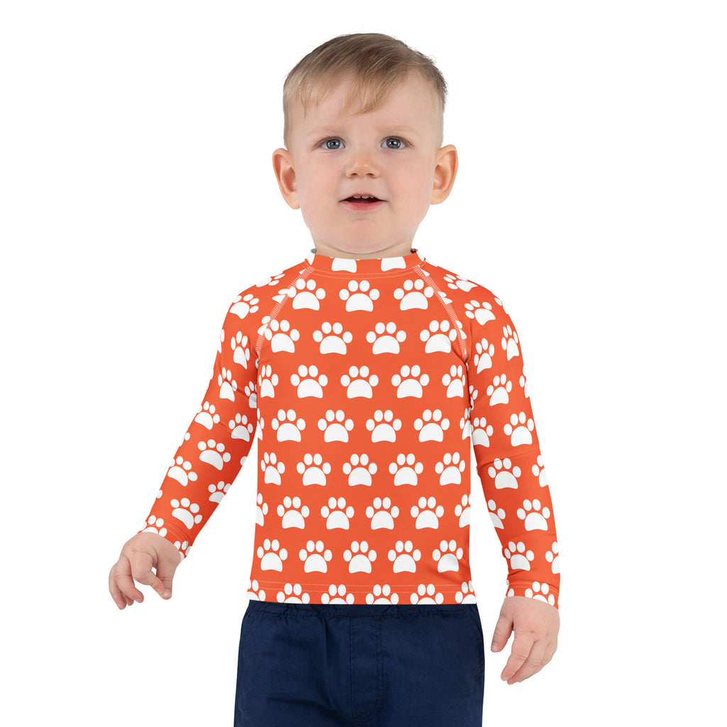 Kids Bright Orange Paw Print Long Sleeve Rash Guard Swim Shirt – Buttery Soft, Sun Safe UPF 50+ Protection, Quick Dry & 4-Way Stretch Comfort