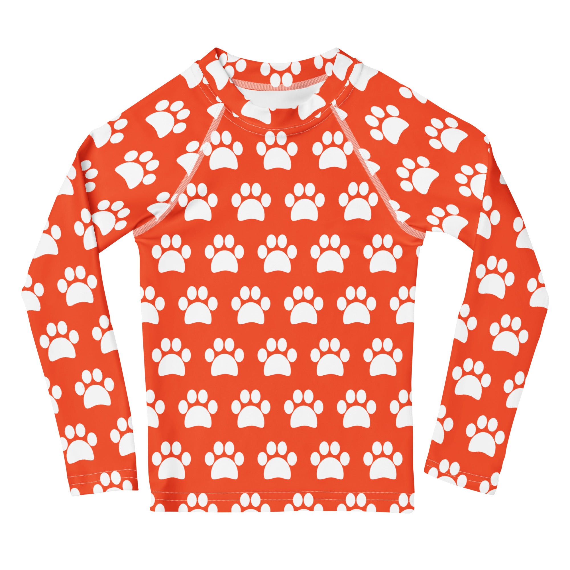 Kids Bright Orange Paw Print Long Sleeve Rash Guard Swim Shirt – Buttery Soft, Sun Safe UPF 50+ Protection, Quick Dry & 4-Way Stretch Comfort