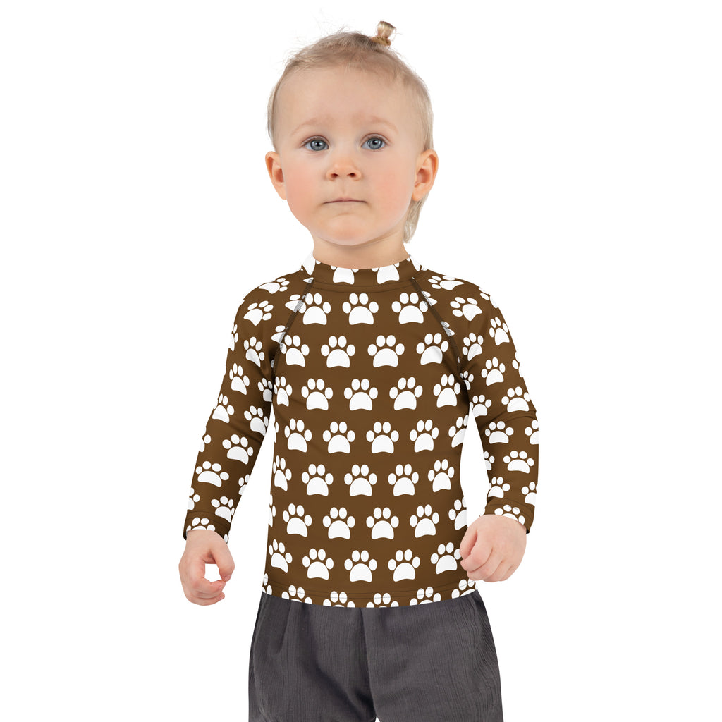 Kids Brown Paw Print Long Sleeve Rash Guard Swim Shirt – Buttery Soft, Sun Safe UPF 50+ Protection, Quick Dry & 4-Way Stretch Comfort