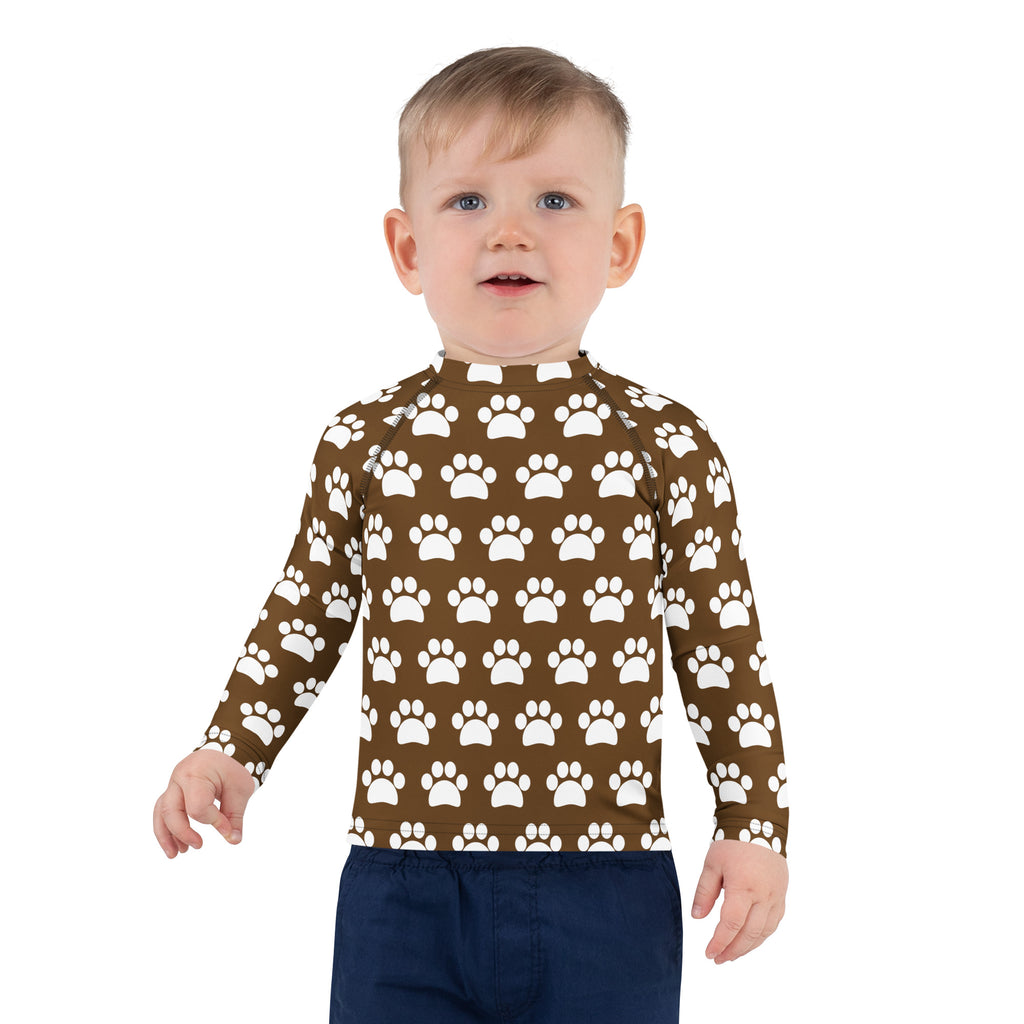 Kids Brown Paw Print Long Sleeve Rash Guard Swim Shirt – Buttery Soft, Sun Safe UPF 50+ Protection, Quick Dry & 4-Way Stretch Comfort