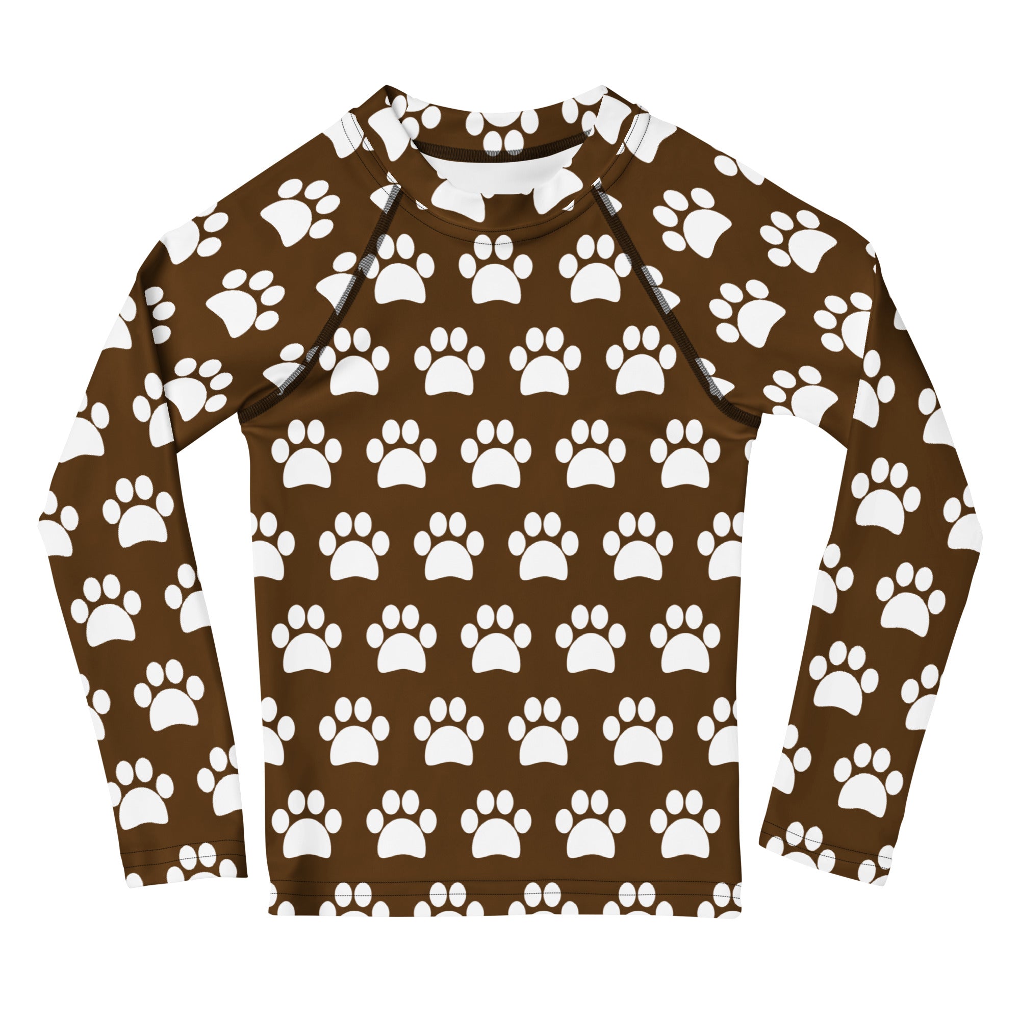 Kids Brown Paw Print Long Sleeve Rash Guard Swim Shirt – Buttery Soft, Sun Safe UPF 50+ Protection, Quick Dry & 4-Way Stretch Comfort