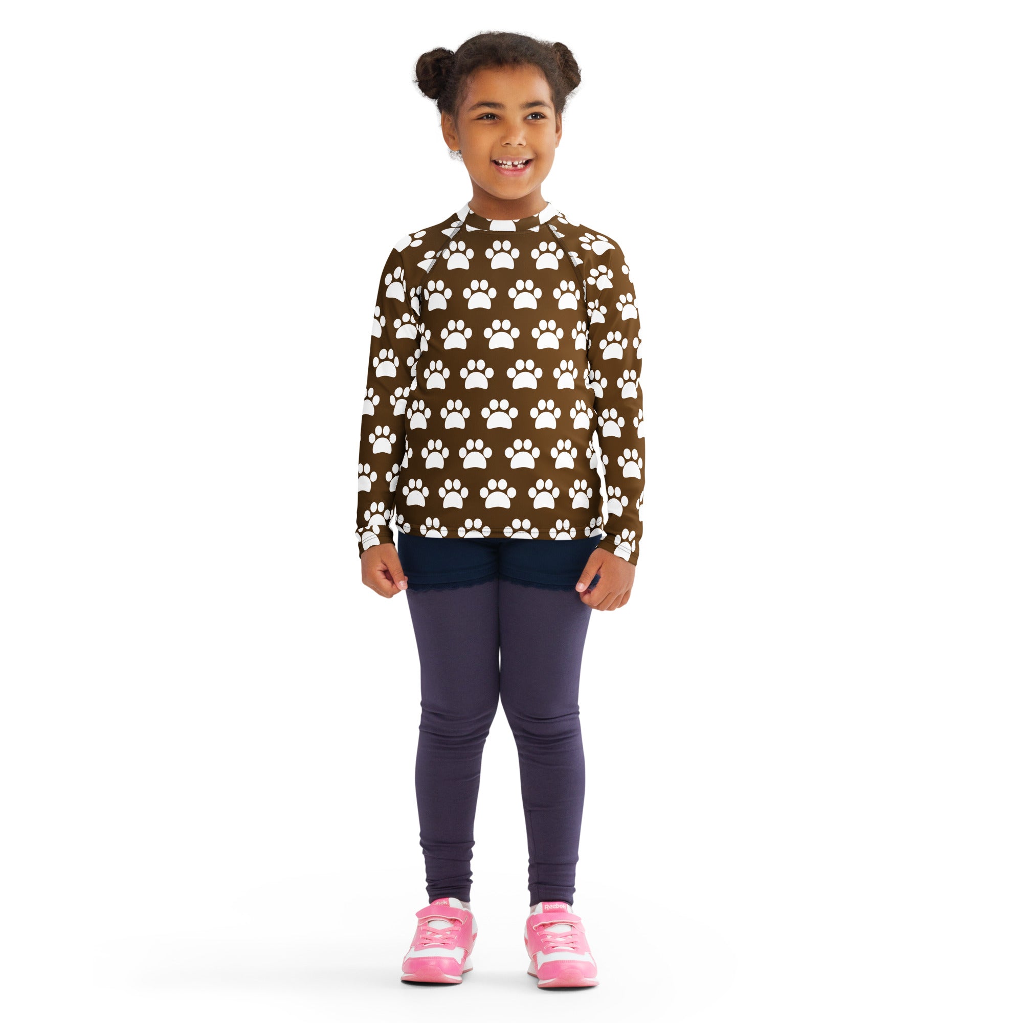 Kids Brown Paw Print Long Sleeve Rash Guard Swim Shirt – Buttery Soft, Sun Safe UPF 50+ Protection, Quick Dry & 4-Way Stretch Comfort