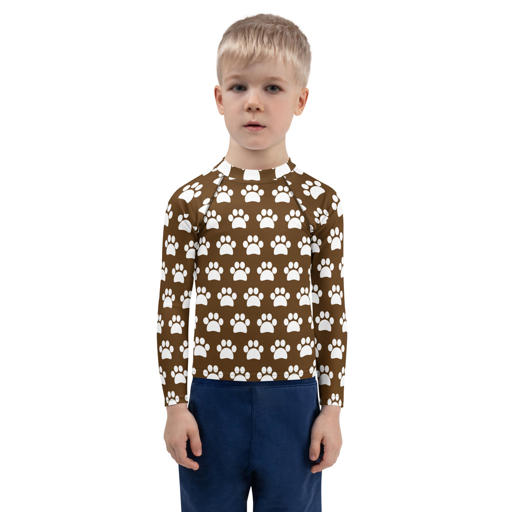 Kids Brown Paw Print Long Sleeve Rash Guard Swim Shirt – Buttery Soft, Sun Safe UPF 50+ Protection, Quick Dry & 4-Way Stretch Comfort