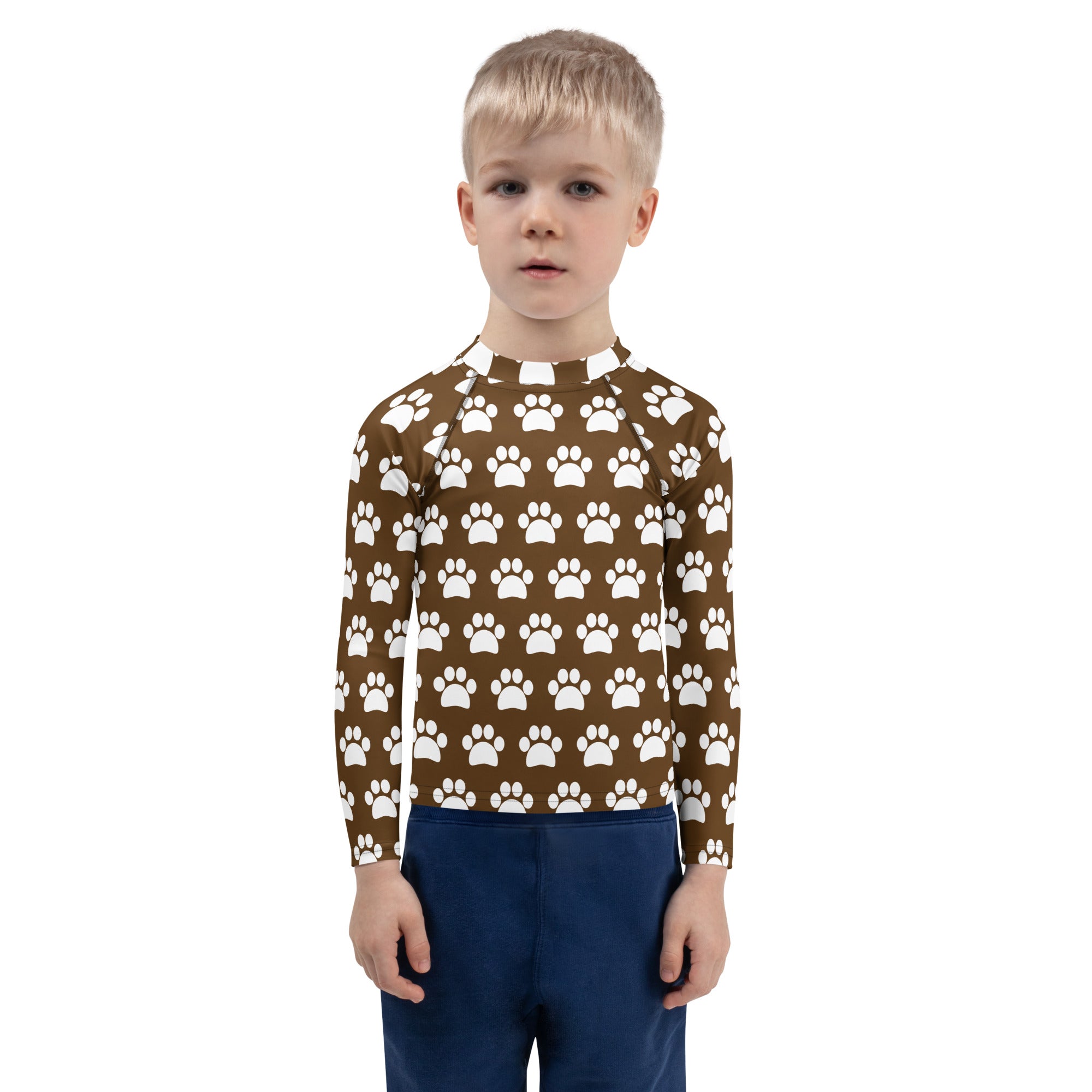 Kids Brown Paw Print Long Sleeve Rash Guard Swim Shirt – Buttery Soft, Sun Safe UPF 50+ Protection, Quick Dry & 4-Way Stretch Comfort