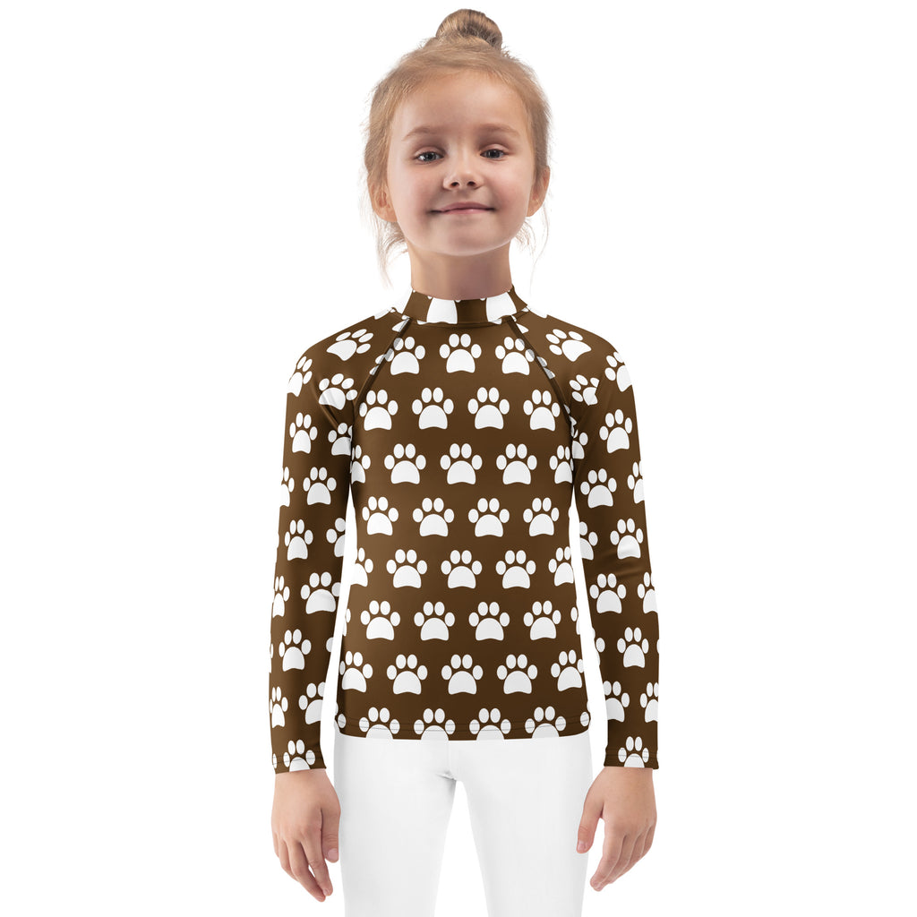 Kids Brown Paw Print Long Sleeve Rash Guard Swim Shirt – Buttery Soft, Sun Safe UPF 50+ Protection, Quick Dry & 4-Way Stretch Comfort