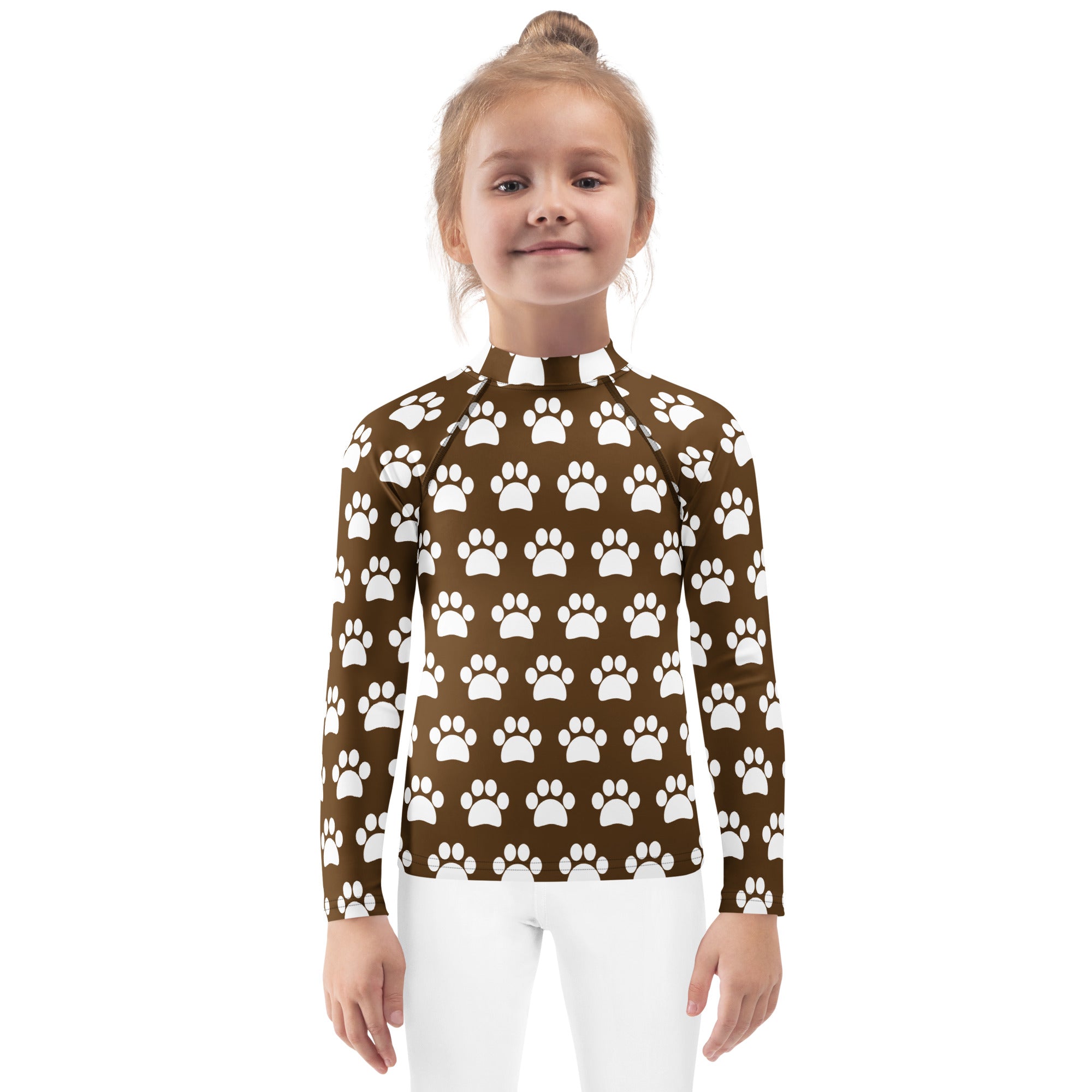 Kids Brown Paw Print Long Sleeve Rash Guard Swim Shirt – Buttery Soft, Sun Safe UPF 50+ Protection, Quick Dry & 4-Way Stretch Comfort