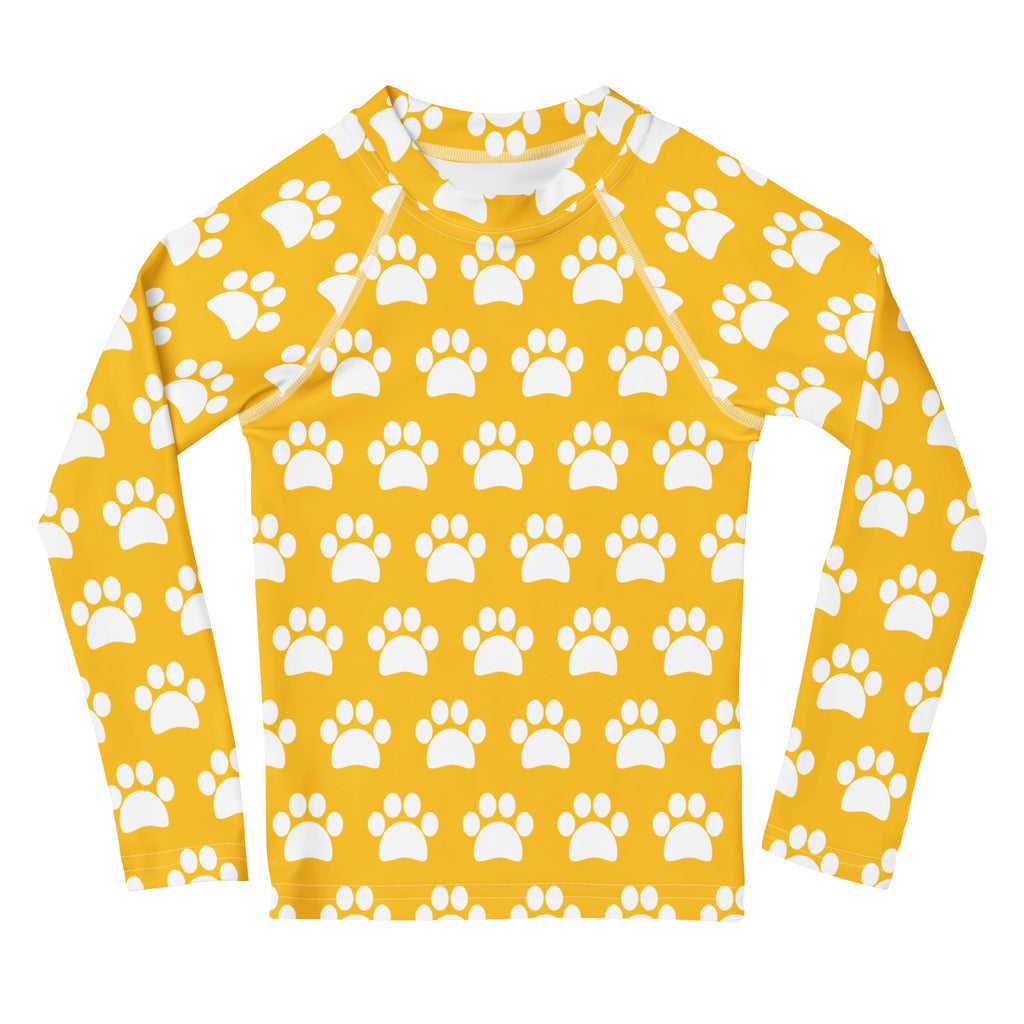 Kids Yellow Paw Print Long Sleeve Rash Guard Swim Shirt – Buttery Soft, Sun Safe UPF 50+ Protection, Quick Dry & 4-Way Stretch Comfort