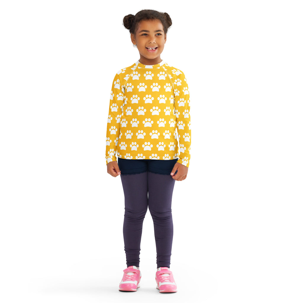 Kids Yellow Paw Print Long Sleeve Rash Guard Swim Shirt – Buttery Soft, Sun Safe UPF 50+ Protection, Quick Dry & 4-Way Stretch Comfort