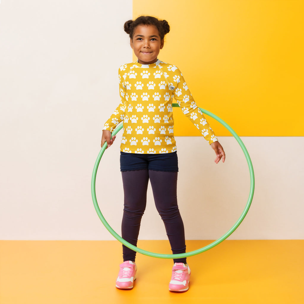Kids Yellow Paw Print Long Sleeve Rash Guard Swim Shirt – Buttery Soft, Sun Safe UPF 50+ Protection, Quick Dry & 4-Way Stretch Comfort
