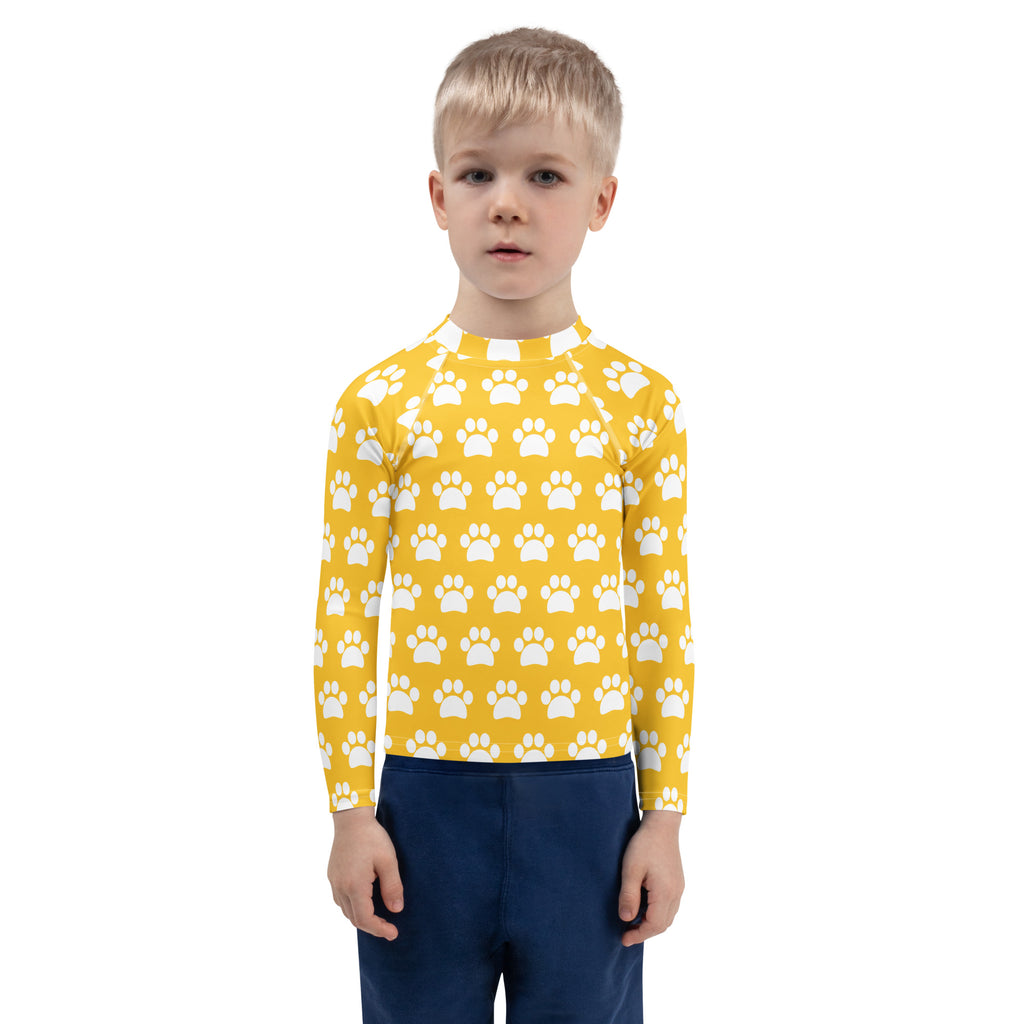 Kids Yellow Paw Print Long Sleeve Rash Guard Swim Shirt – Buttery Soft, Sun Safe UPF 50+ Protection, Quick Dry & 4-Way Stretch Comfort