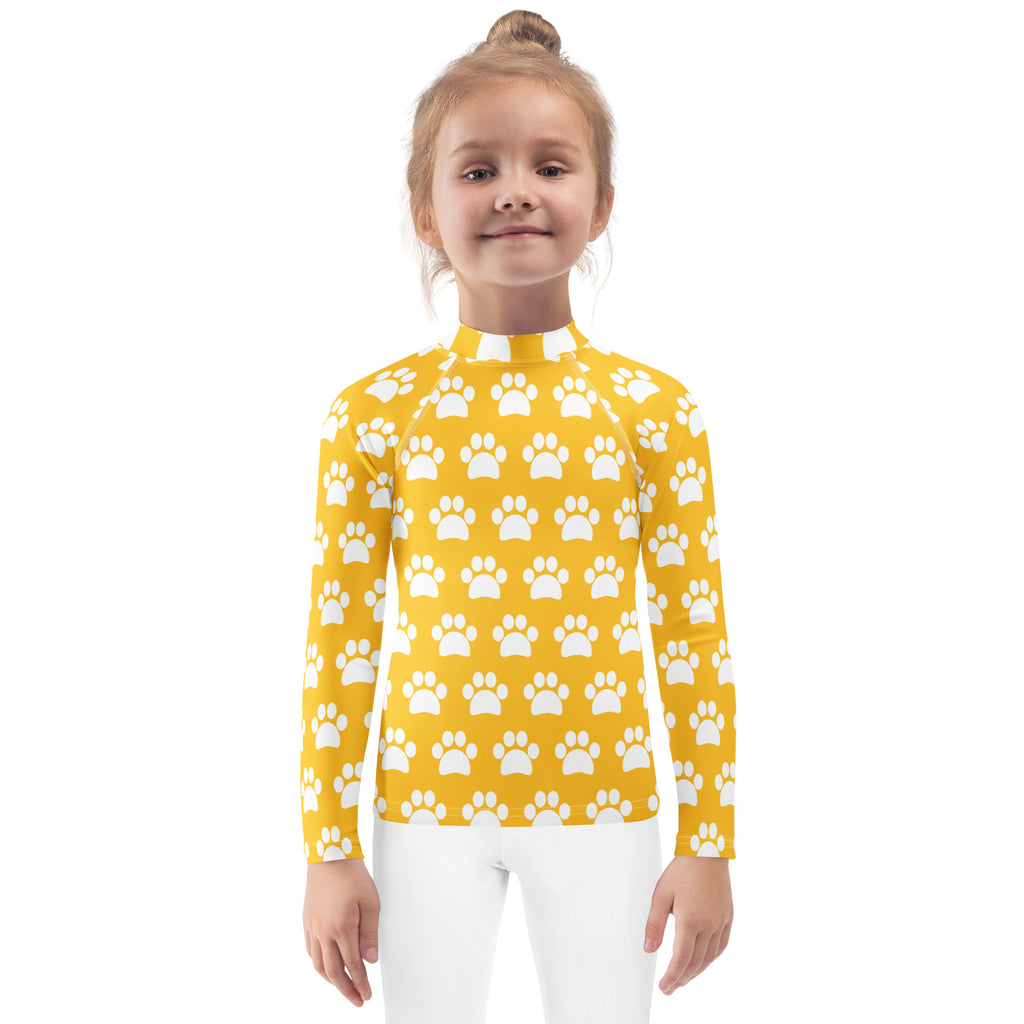 Kids Yellow Paw Print Long Sleeve Rash Guard Swim Shirt – Buttery Soft, Sun Safe UPF 50+ Protection, Quick Dry & 4-Way Stretch Comfort