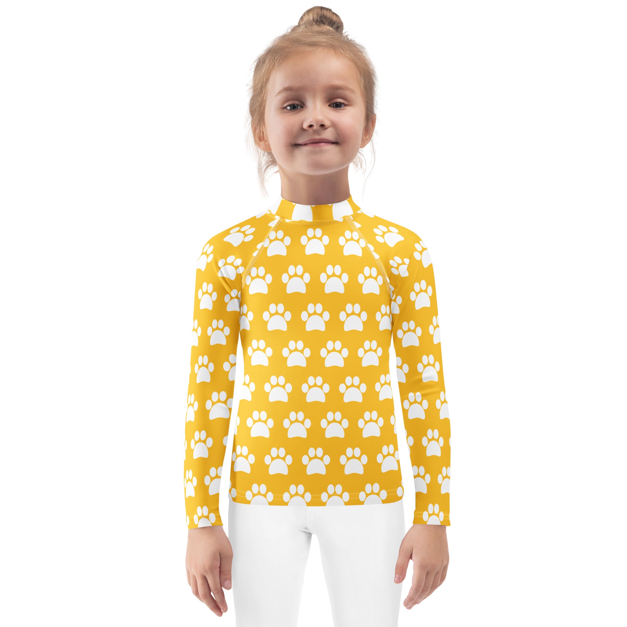 Kids Yellow Paw Print Long Sleeve Rash Guard Swim Shirt – Buttery Soft, Sun Safe UPF 50+ Protection, Quick Dry & 4-Way Stretch Comfort