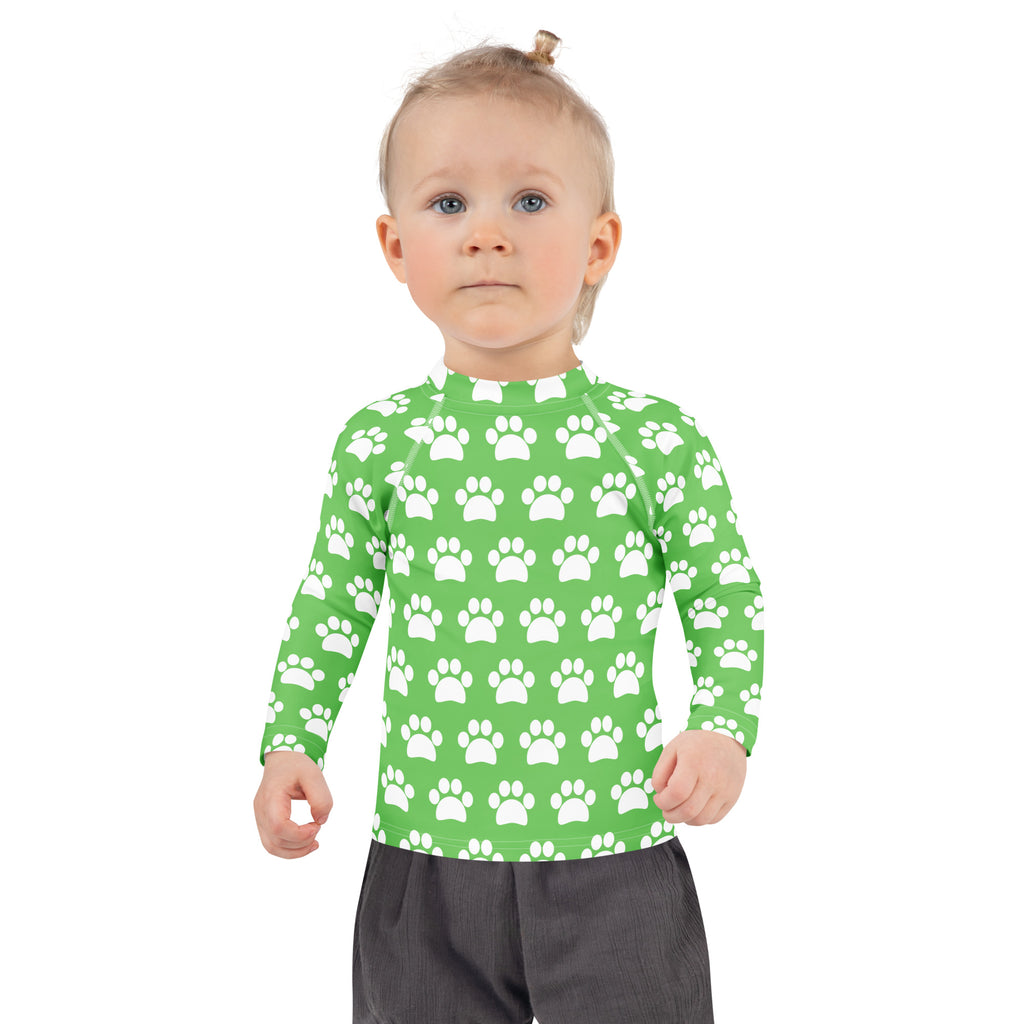 Kids Green Paw Print Long Sleeve Rash Guard Swim Shirt – Buttery Soft, Sun Safe UPF 50+ Protection, Quick Dry & 4-Way Stretch Comfort