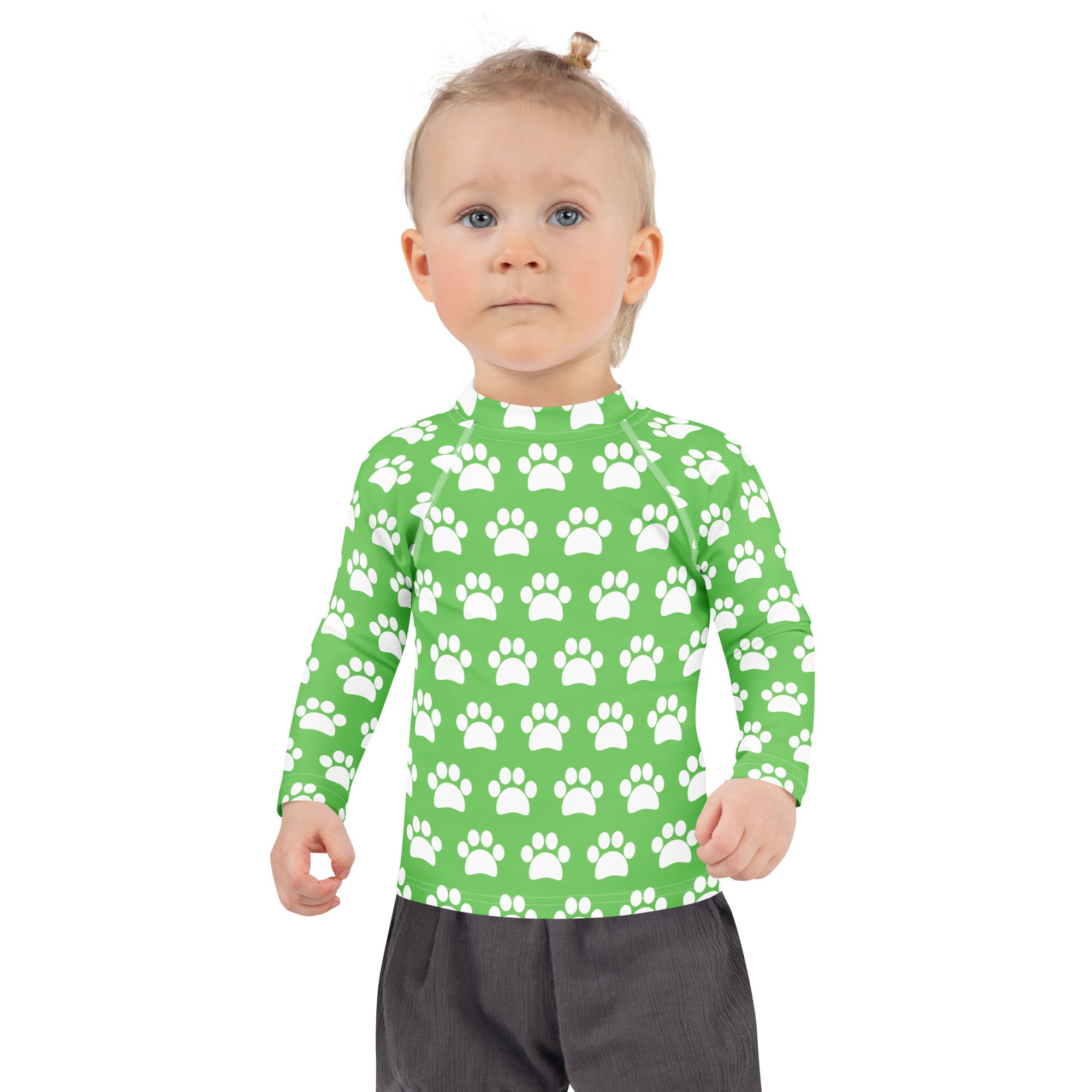 Kids Green Paw Print Long Sleeve Rash Guard Swim Shirt – Buttery Soft, Sun Safe UPF 50+ Protection, Quick Dry & 4-Way Stretch Comfort