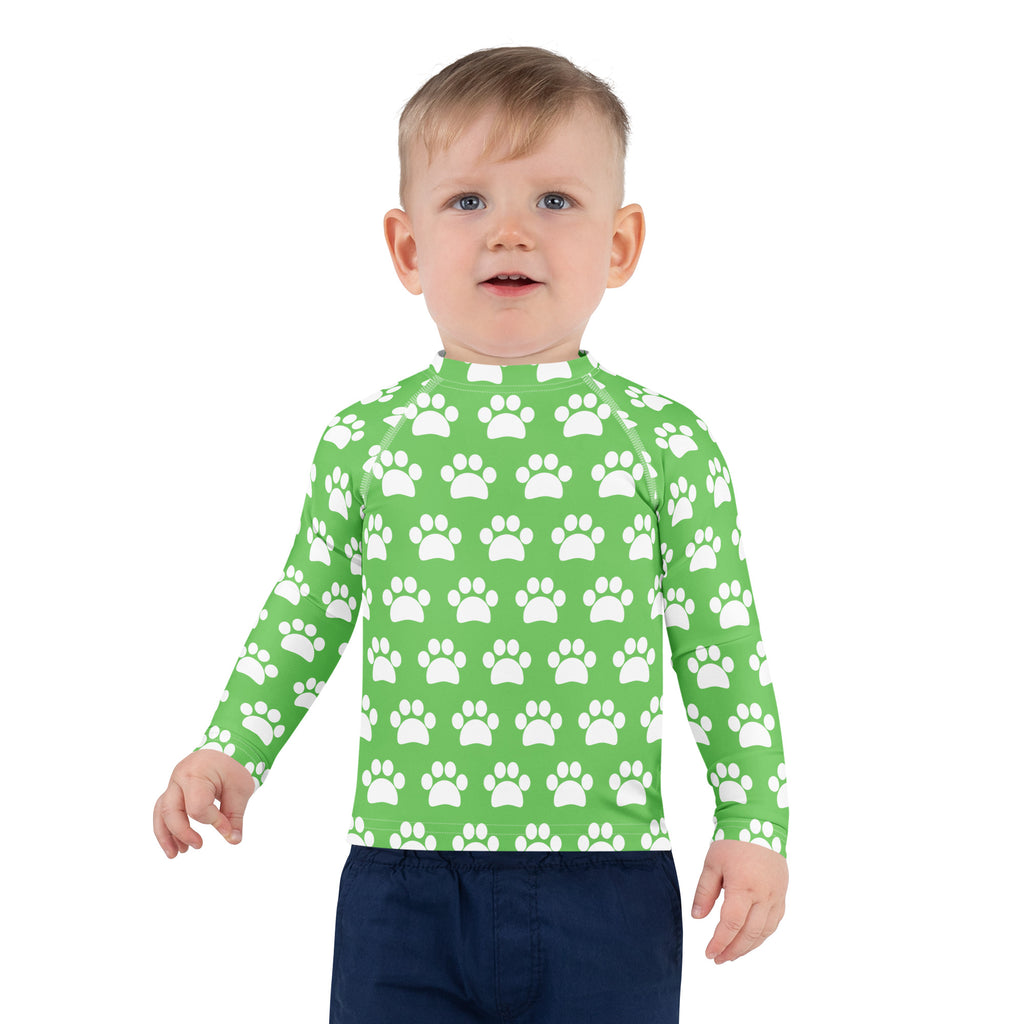 Kids Green Paw Print Long Sleeve Rash Guard Swim Shirt – Buttery Soft, Sun Safe UPF 50+ Protection, Quick Dry & 4-Way Stretch Comfort