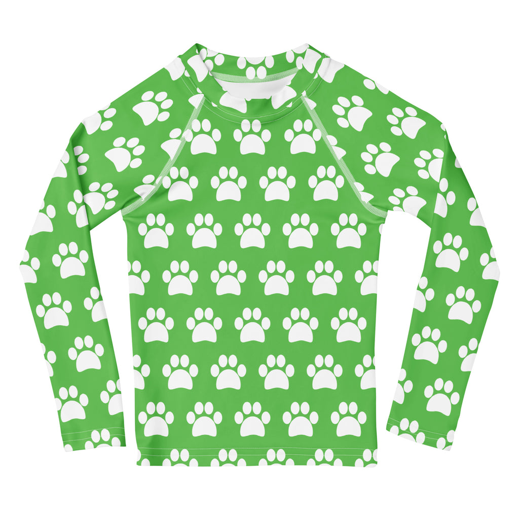 Kids Green Paw Print Long Sleeve Rash Guard Swim Shirt – Buttery Soft, Sun Safe UPF 50+ Protection, Quick Dry & 4-Way Stretch Comfort