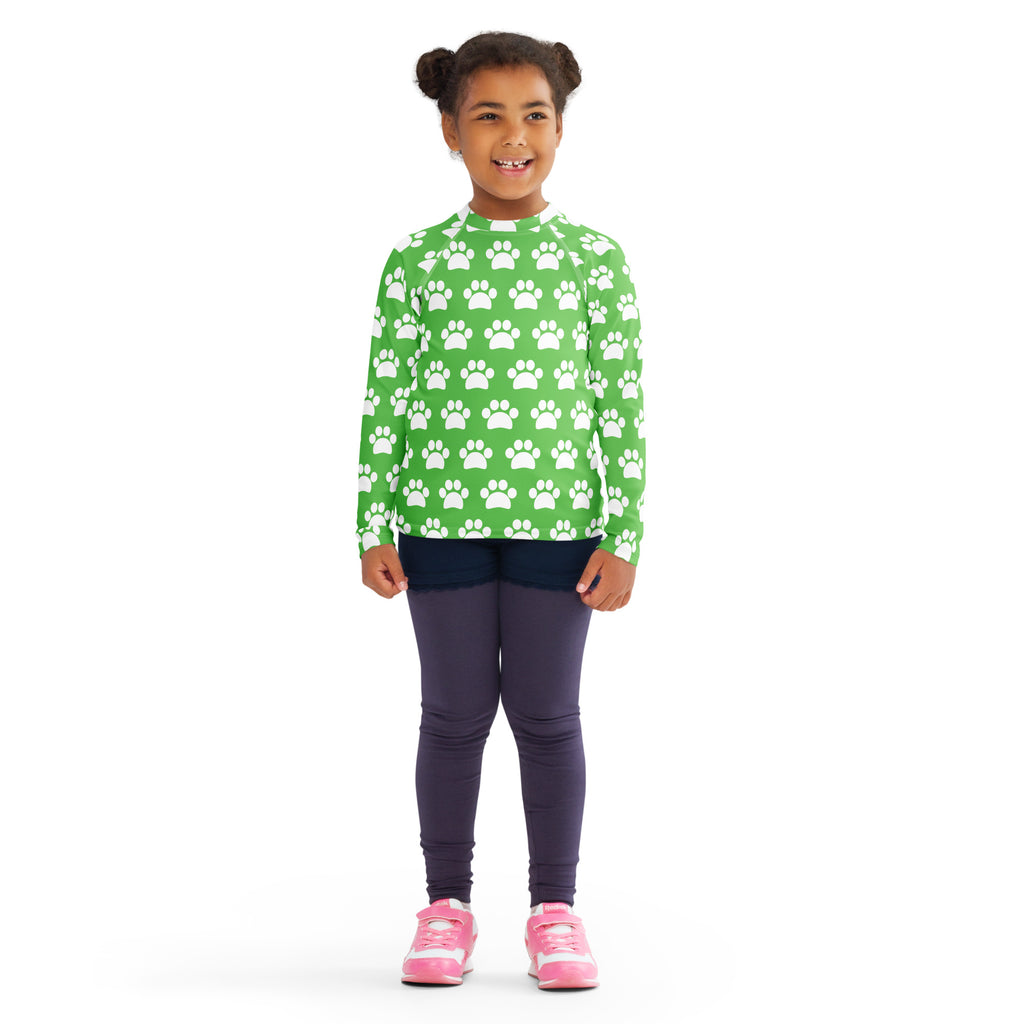 Kids Green Paw Print Long Sleeve Rash Guard Swim Shirt – Buttery Soft, Sun Safe UPF 50+ Protection, Quick Dry & 4-Way Stretch Comfort