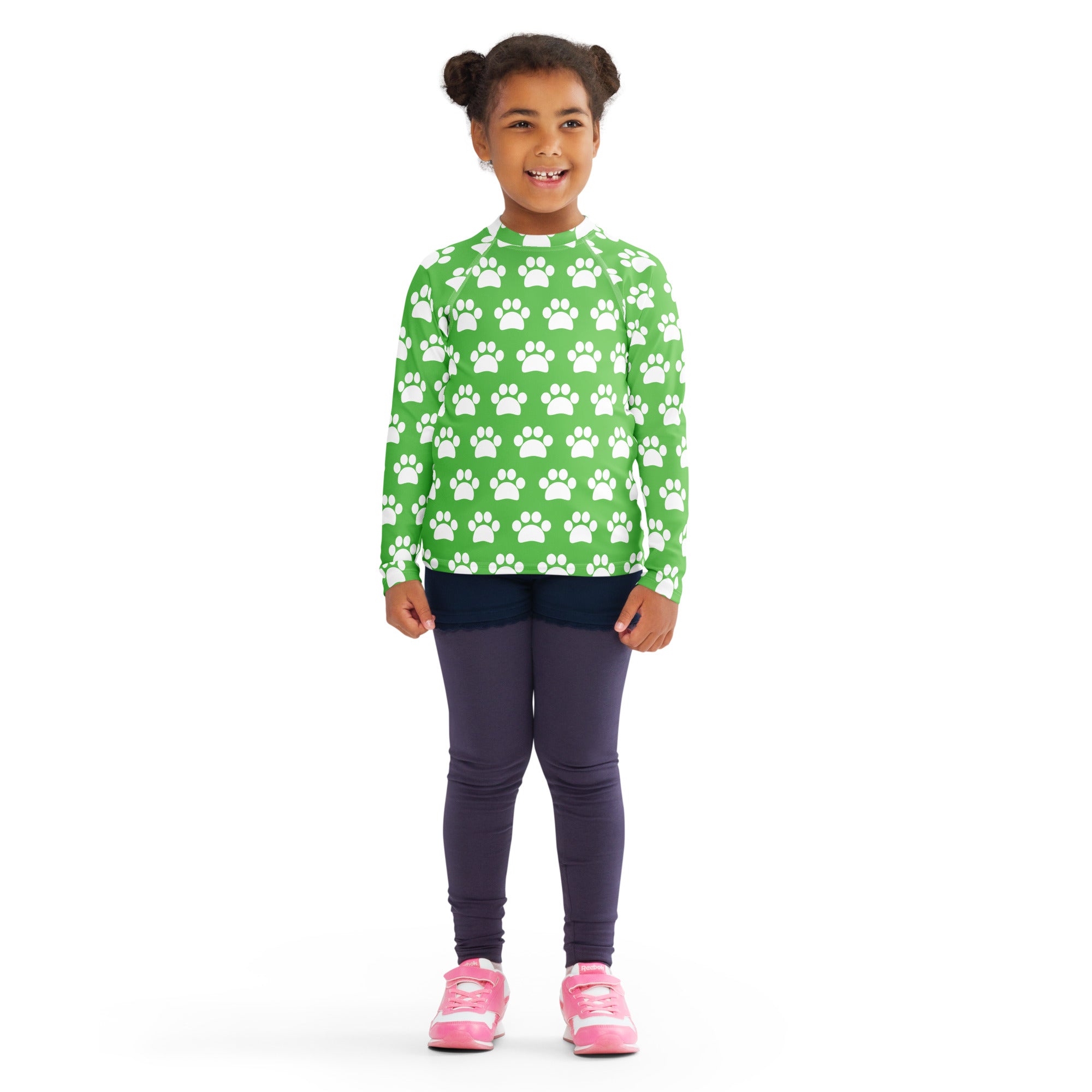 Kids Green Paw Print Long Sleeve Rash Guard Swim Shirt – Buttery Soft, Sun Safe UPF 50+ Protection, Quick Dry & 4-Way Stretch Comfort