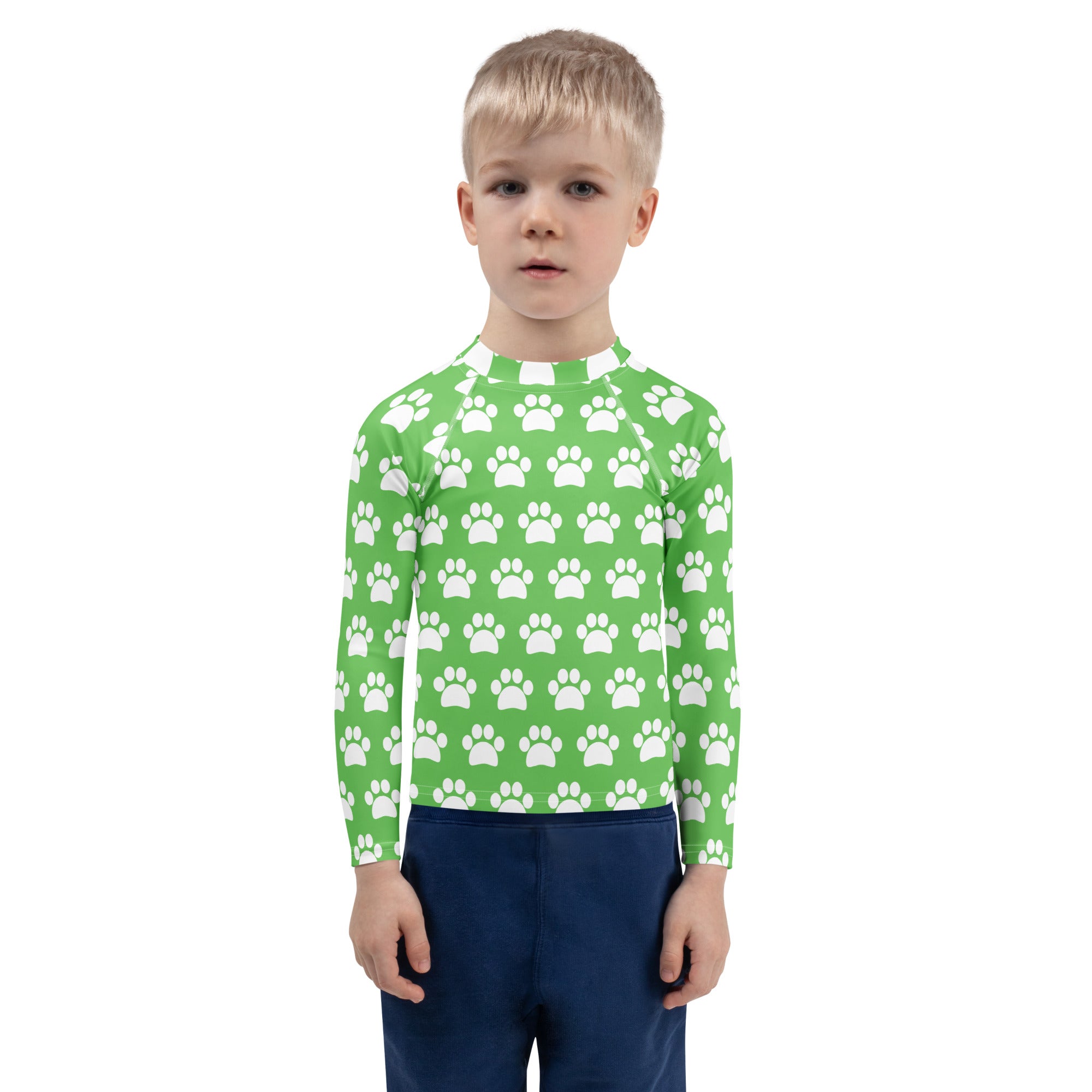 Kids Green Paw Print Long Sleeve Rash Guard Swim Shirt – Buttery Soft, Sun Safe UPF 50+ Protection, Quick Dry & 4-Way Stretch Comfort