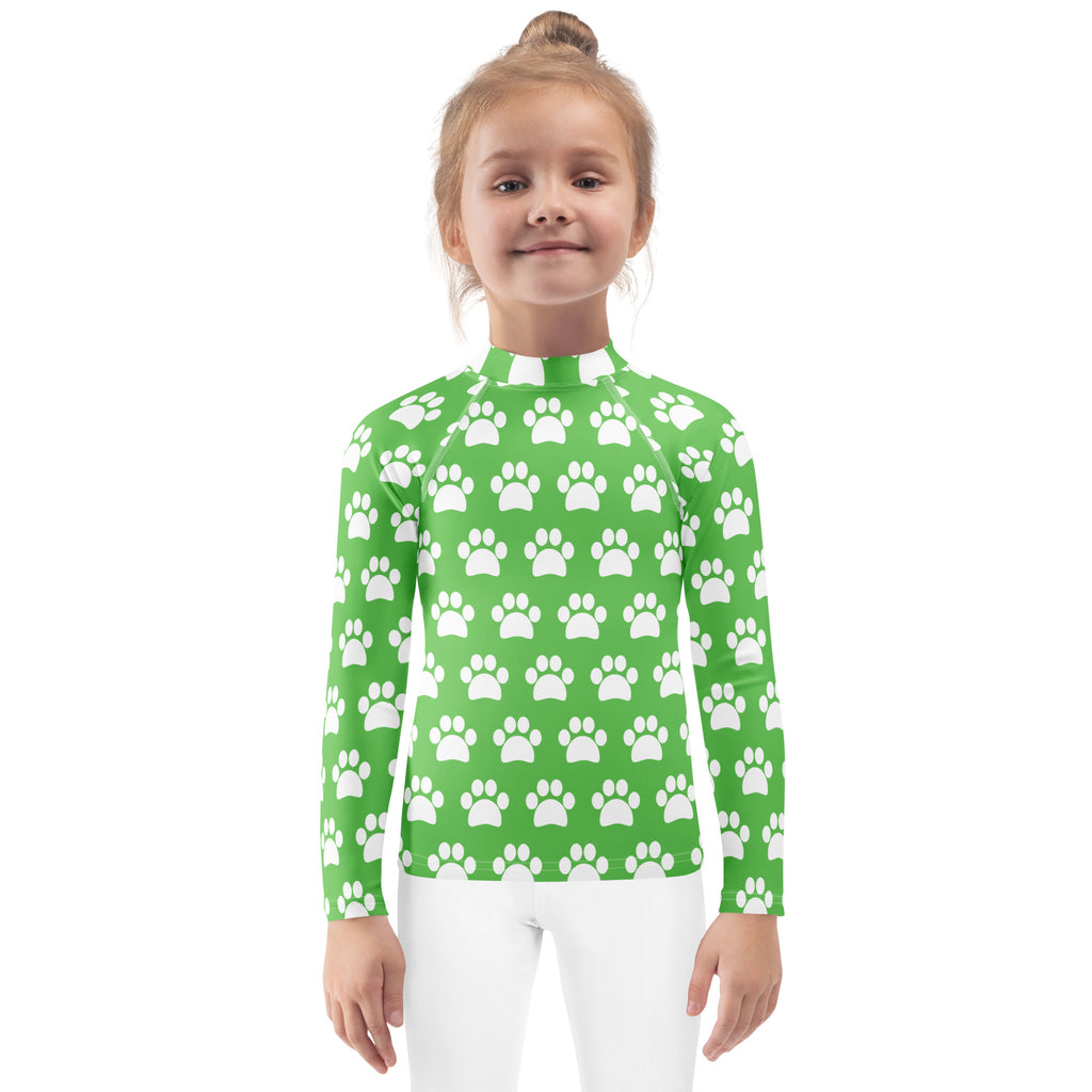 Kids Green Paw Print Long Sleeve Rash Guard Swim Shirt – Buttery Soft, Sun Safe UPF 50+ Protection, Quick Dry & 4-Way Stretch Comfort