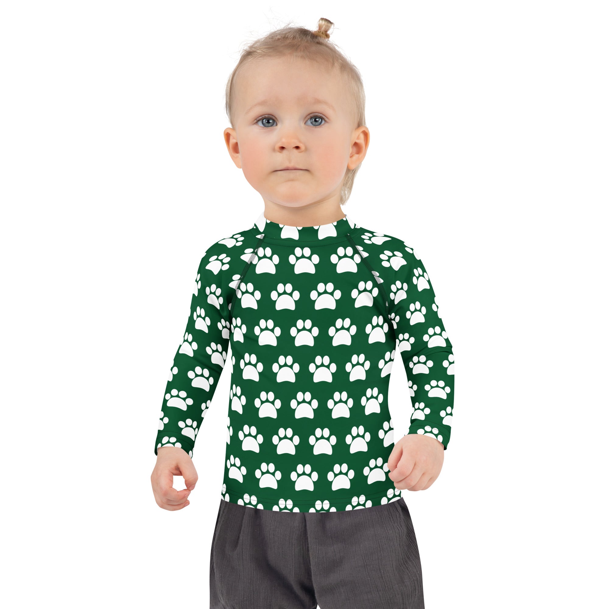 Kids Dark Green Paw Print Long Sleeve Rash Guard Swim Shirt – Buttery Soft, Sun Safe UPF 50+ Protection, Quick Dry & 4-Way Stretch Comfort