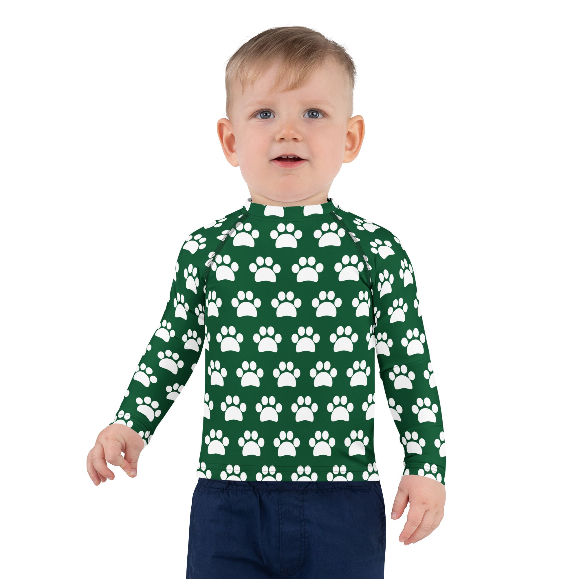 Kids Dark Green Paw Print Long Sleeve Rash Guard Swim Shirt – Buttery Soft, Sun Safe UPF 50+ Protection, Quick Dry & 4-Way Stretch Comfort