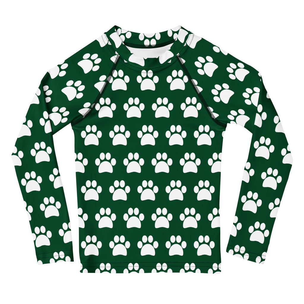 Kids Dark Green Paw Print Long Sleeve Rash Guard Swim Shirt – Buttery Soft, Sun Safe UPF 50+ Protection, Quick Dry & 4-Way Stretch Comfort