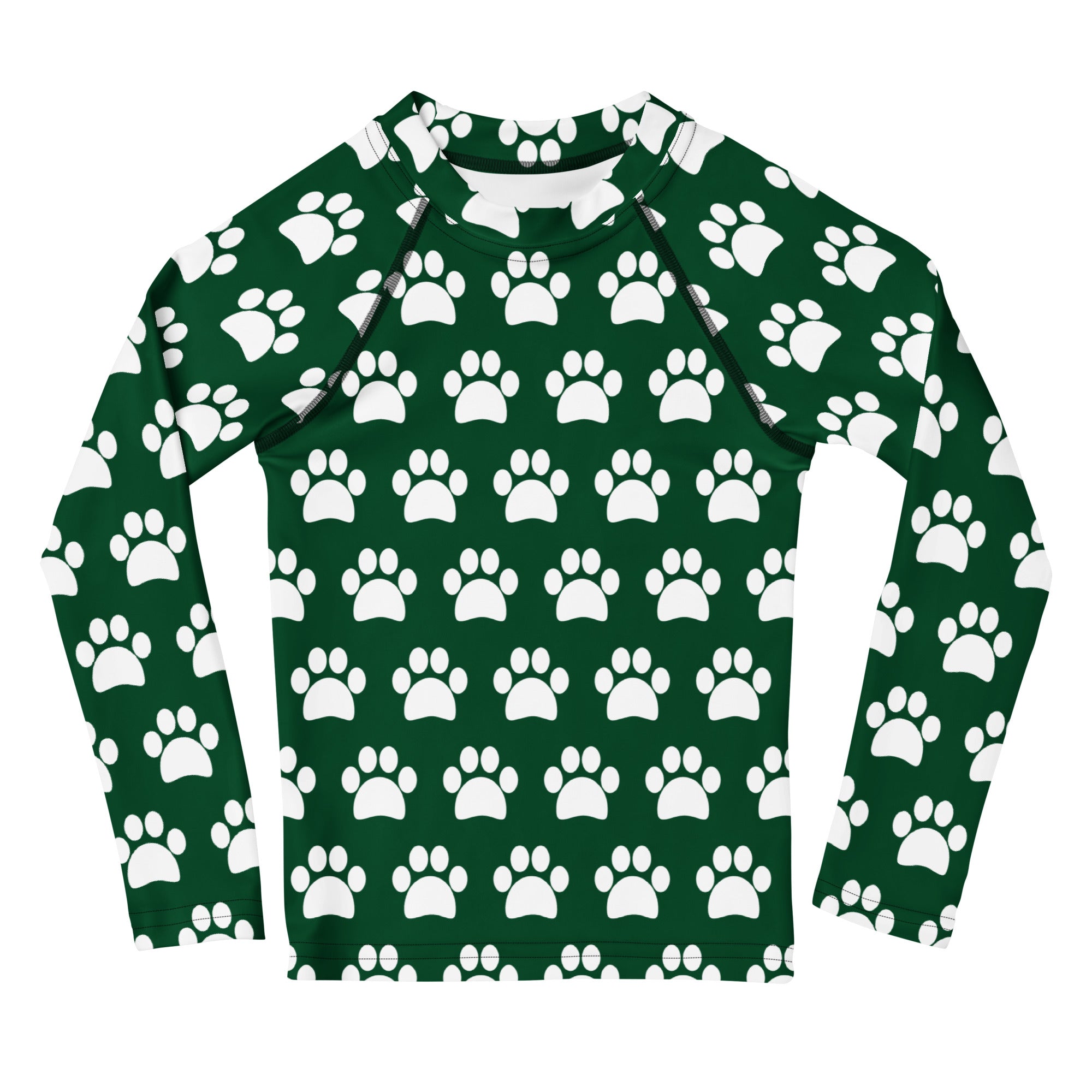 Kids Dark Green Paw Print Long Sleeve Rash Guard Swim Shirt – Buttery Soft, Sun Safe UPF 50+ Protection, Quick Dry & 4-Way Stretch Comfort