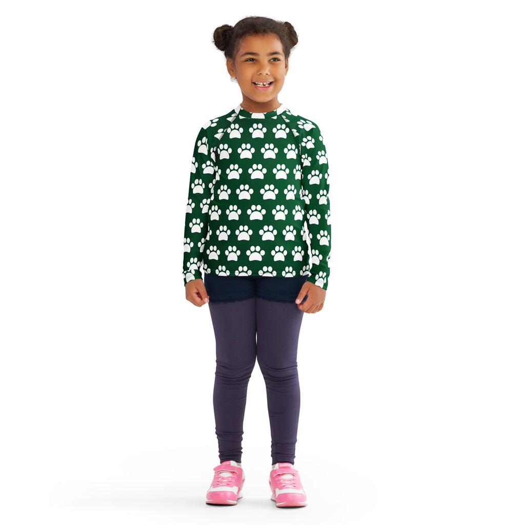 Kids Dark Green Paw Print Long Sleeve Rash Guard Swim Shirt – Buttery Soft, Sun Safe UPF 50+ Protection, Quick Dry & 4-Way Stretch Comfort