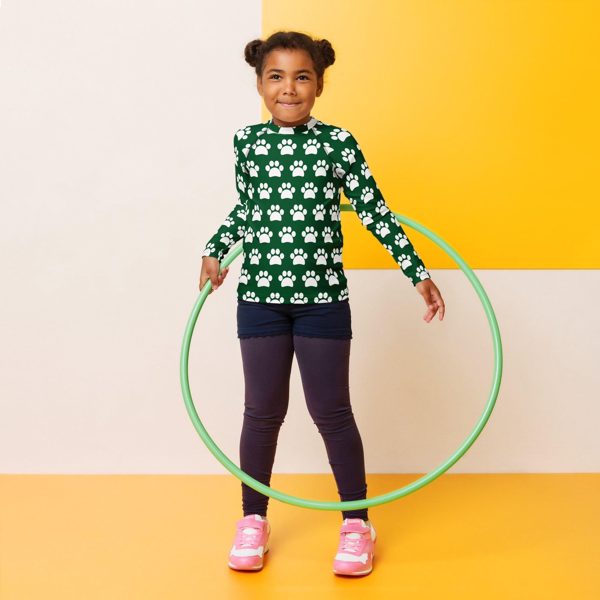Kids Dark Green Paw Print Long Sleeve Rash Guard Swim Shirt – Buttery Soft, Sun Safe UPF 50+ Protection, Quick Dry & 4-Way Stretch Comfort