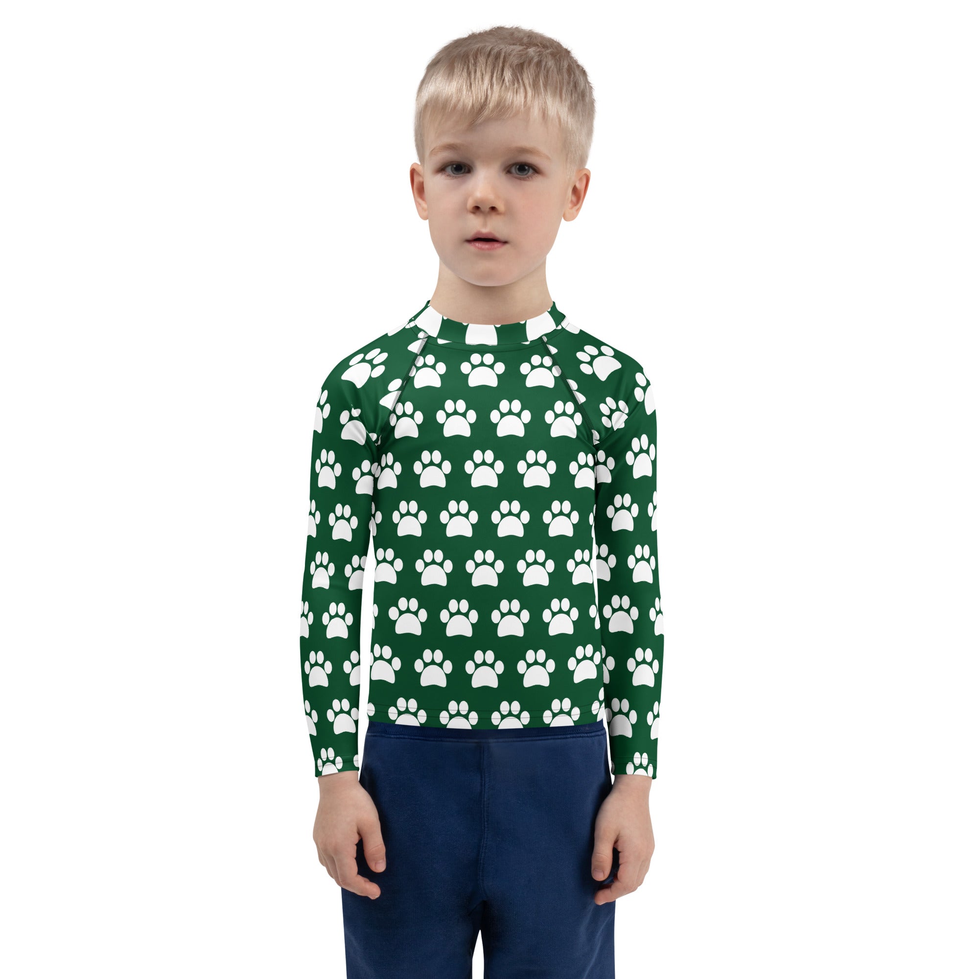 Kids Dark Green Paw Print Long Sleeve Rash Guard Swim Shirt – Buttery Soft, Sun Safe UPF 50+ Protection, Quick Dry & 4-Way Stretch Comfort