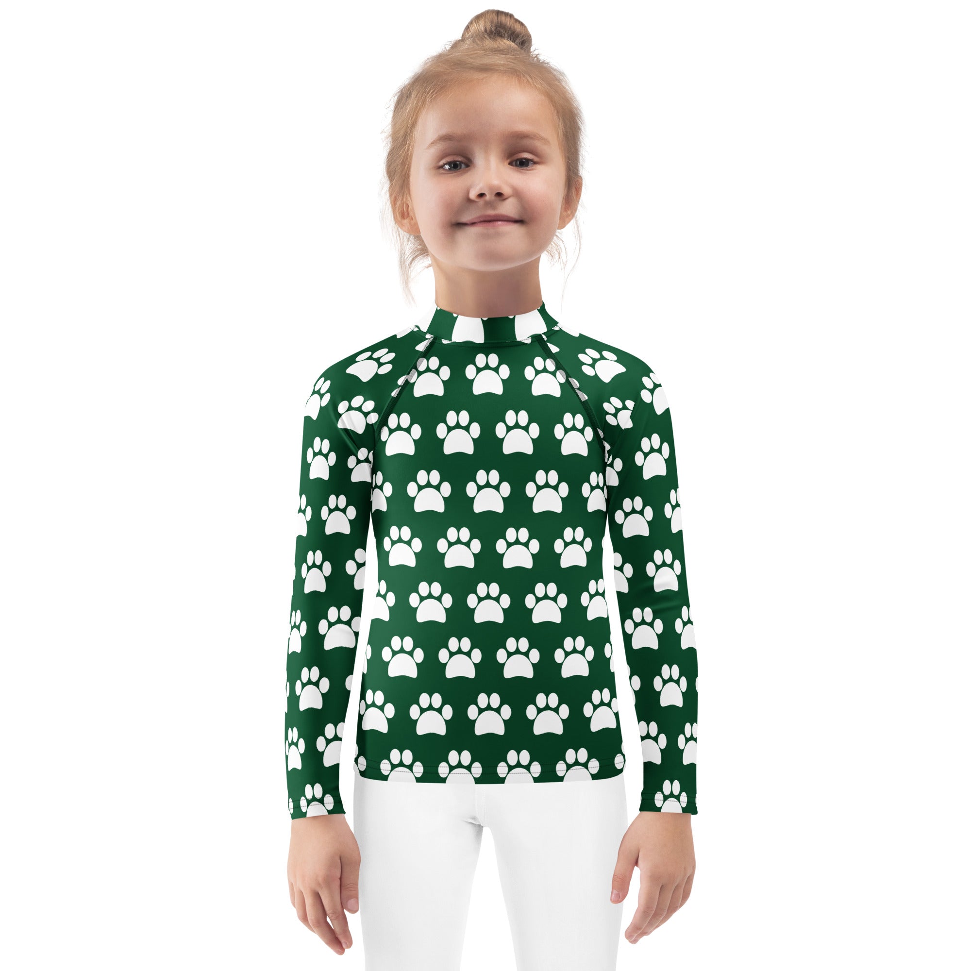 Kids Dark Green Paw Print Long Sleeve Rash Guard Swim Shirt – Buttery Soft, Sun Safe UPF 50+ Protection, Quick Dry & 4-Way Stretch Comfort