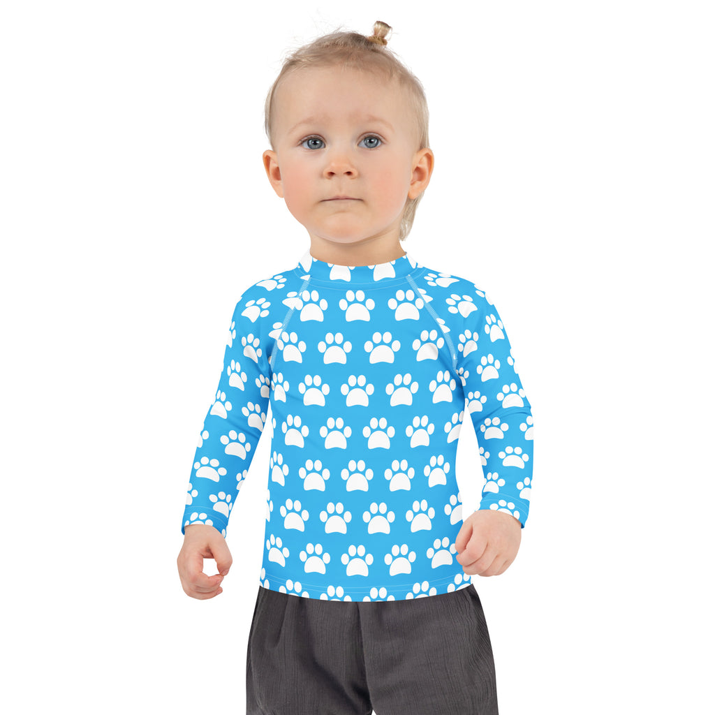 Kids Sky Blue Paw Print Long Sleeve Rash Guard Swim Shirt – Buttery Soft, Sun Safe UPF 50+ Protection, Quick Dry & 4-Way Stretch Comfort