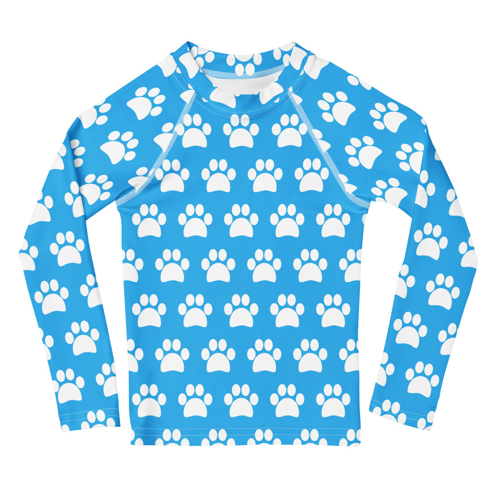 Kids Sky Blue Paw Print Long Sleeve Rash Guard Swim Shirt – Buttery Soft, Sun Safe UPF 50+ Protection, Quick Dry & 4-Way Stretch Comfort
