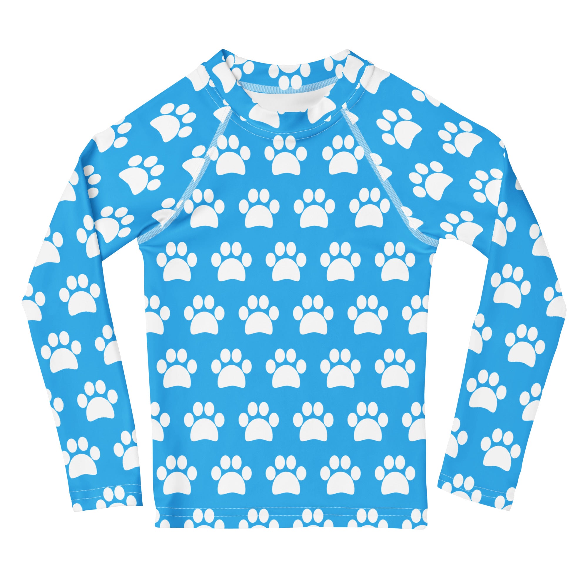 Kids Sky Blue Paw Print Long Sleeve Rash Guard Swim Shirt – Buttery Soft, Sun Safe UPF 50+ Protection, Quick Dry & 4-Way Stretch Comfort